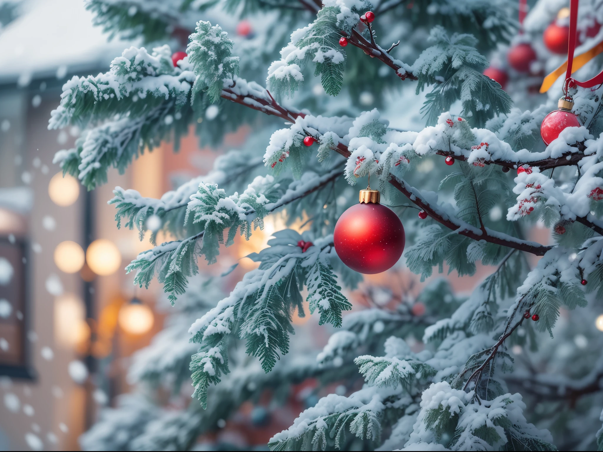 (Best quality,A high resolution), Beautiful Christmas decoration, Sparkling ornaments,  tranquil ambiance, It's snowing outside, Christmas and New Year holidays concept. Red balls on fir branches,