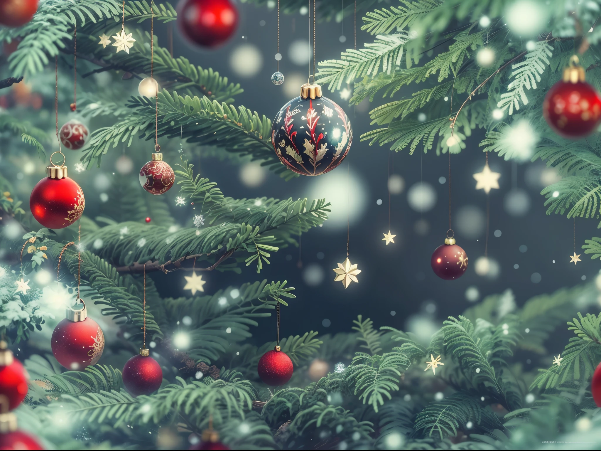 (Best quality,A high resolution), Beautiful Christmas decoration, Sparkling ornaments, tranquil ambiance, It's snowing outside, Christmas and New Year holidays concept. Red balls on fir branches,