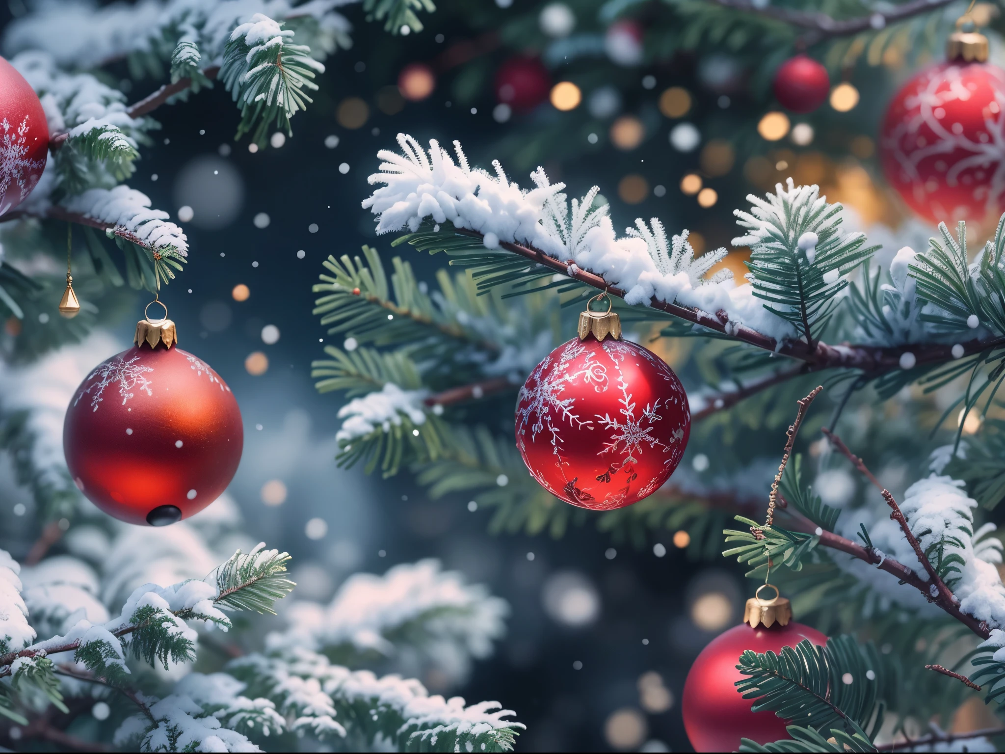 (Best quality,A high resolution), Beautiful Christmas decoration, Sparkling ornaments,  tranquil ambiance, It's snowing outside, Christmas and New Year holidays concept. Red balls on fir branches,