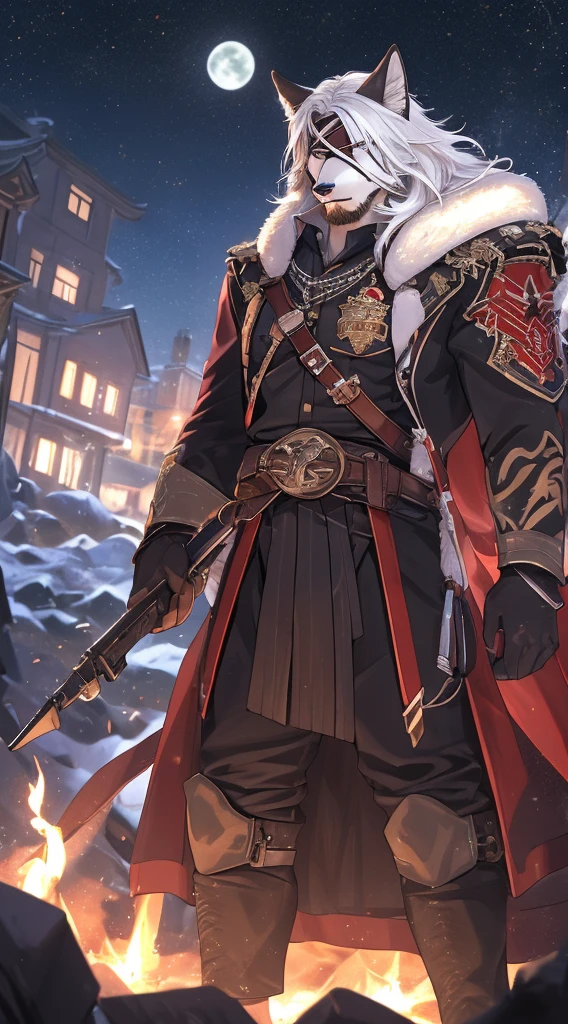 White wolf, adult male, Japanese military form, cigarette, eye patch on right eye, smoking pose, battlefield on background, flame aura, serious face, smoking, scar on eye, t-shirt, tie, full length, blood on body, military clothing, coat, wind, corpses on background, gloves, night, very long white hair, epic, no smiling, thin waist, background in flame, blood and corpses everywhere, war, battlefield, Perfect Quality, perfect furry wolf face