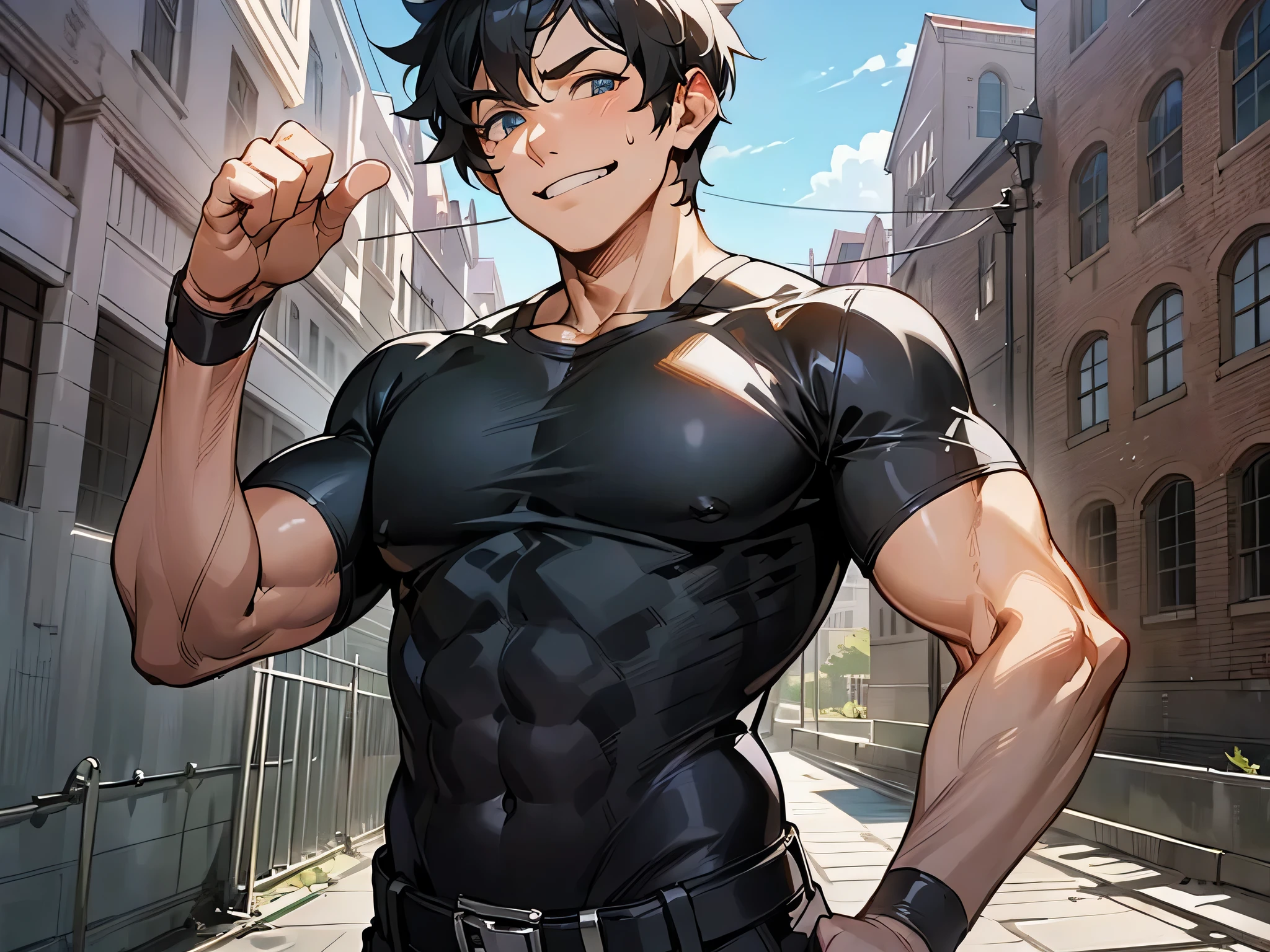 Uncle,upscaled,grinning evily,despise,1 man, Short black hair,Uncle ,Thin macho, Black shirt, standing in the sun, , I have a brick in my hand, Sweat,constructionyardai