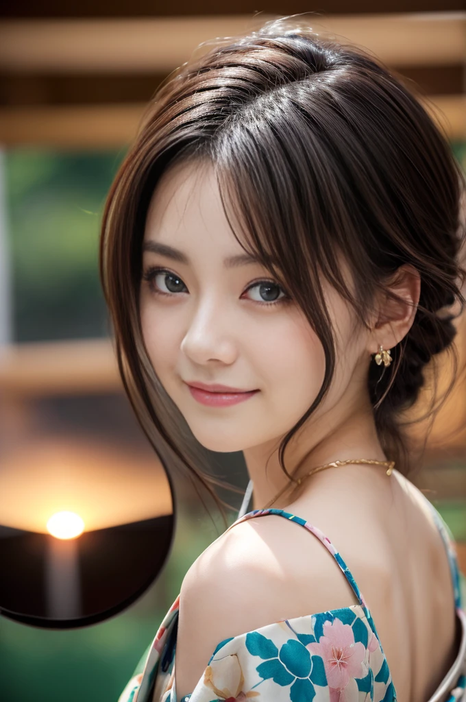 (Photoreal Stick:1.5, masutepiece:1.5, RAW shooting, 8K), (top-quality, masterpiece, 超A high resolution), morning, ((Shoot with blur:1.7)), (fog the lens:1.6), (reflect light onto the lens:1.7), ((sunrises, Sunlight coming in from behind:1.7, morning日の陽光が画面いっぱいに広がる:1.7)), ((morning日の陽光が女性を照らす:1.8)), ((画面全体がmorning日の陽光のせいで白く霞んで見える:1.8)), ((女性はmorning日の陽光でぼんやりして見える:1.9)), Face Sharp Focus:1.3, Professional camera work:1.3, Highly detailed skin and facial texture:1.3, Grow Light Effect, The ultra-detailliert:1.3, 1girl in, Fair skin, (Sense of clarity:1.4, a small face, Extremely beautiful face:1.5), (Sense of clarityを感じる目:0.9, looking distantly), A smile:1.0, i love you completely:0.8, (Slightly open mouth:0.4, Sense of clarityを感じる口当たり:0.7), 二重まぶた, Dark brown medium hair, necklace and earrings, (japanese kimono, off shoulders)