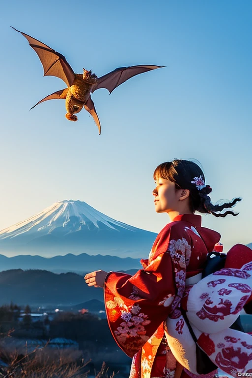 A winter scene in Japan where Mt. Fuji can be seen at sunrise.、A Japanese woman wearing a kimono is flying an octopus with a picture of a dragon on it.