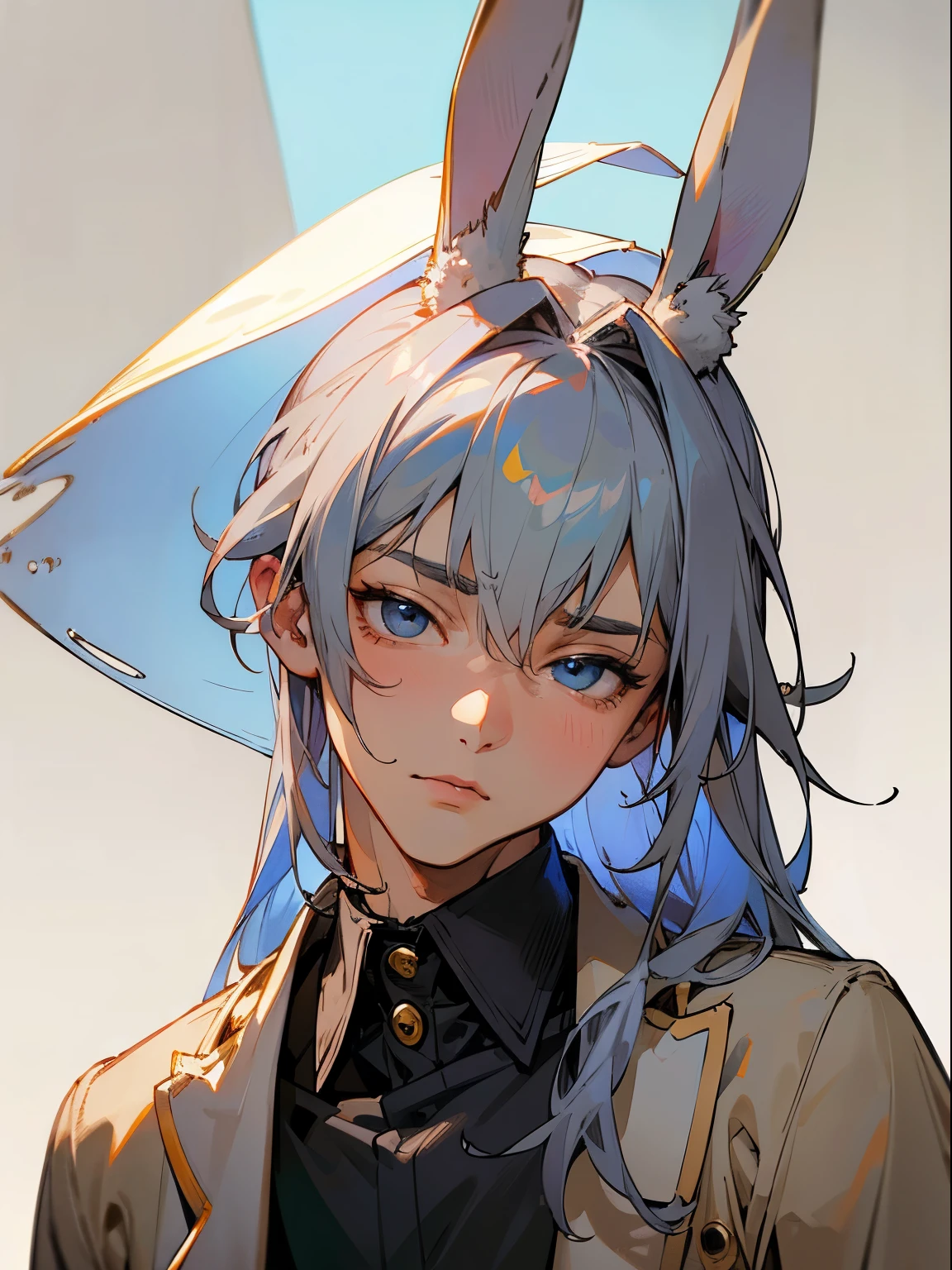 Masterpiece, Best Quality, Realistic, ((guy rabbit)), grown up, 1 guy of the lop-eared rabbit breed, Her hair is tousled, ((hair color gray blue)), light eyes, Light clothing color, Portrait, extremely detailed face, light room background, looking at the audience, beutiful, (alpha:1.4), quiet look, wise, manly, (floppy bunny ears:1.3), Sakimichan Frank Franzetta, heise jinyao