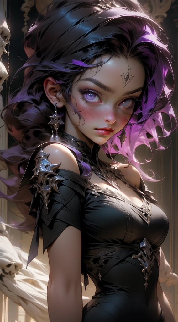 {-erro_de_anatomia:1.0}(Masterpiece - Ultra-Detailed, High Resolution) a woman, beautiful dark sorceress, with a moon marked on her forehead, (moon marked on her forehead) medium hair, purple hair, cordial dress, no nudity, large breasts, beautiful body, beautiful face, merciless, close up face, portrait.