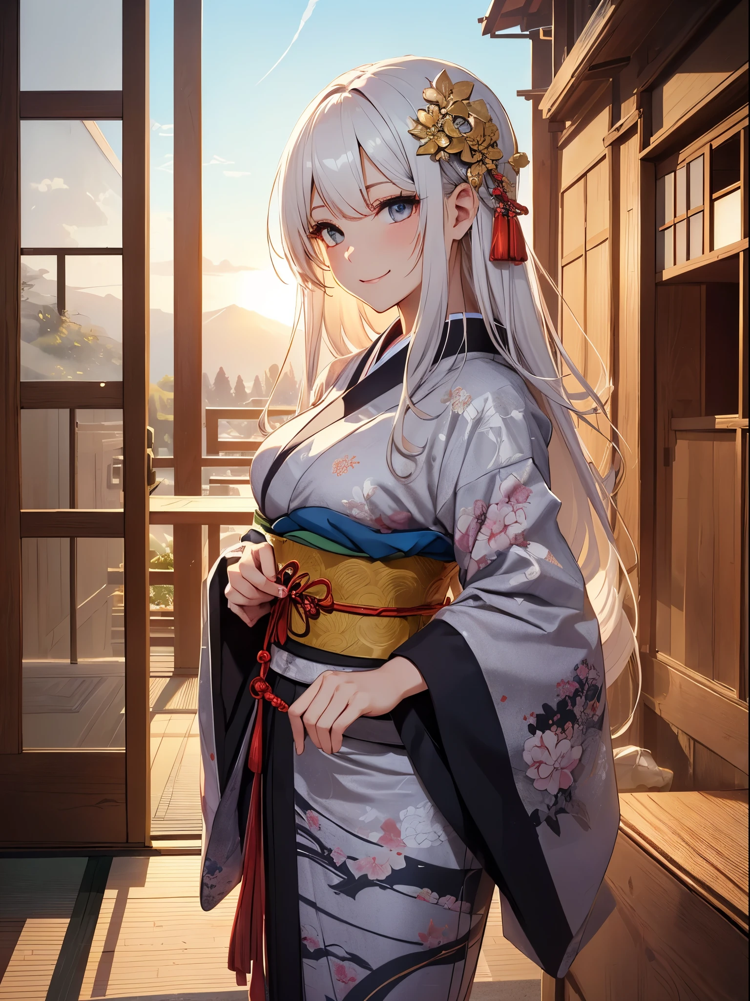 top-quality、Top image quality、Dagashi Teru Piece、Super beautiful Japanese beauty((24 year old、Japan kimono、Best Bust、big bast、Bust 90,beautiful long ironed hair、silber hair、White hair、Kanzashi、A slender、a closeup、Esbian、Beautiful Japan hair、Kanzashi、hiquality、Beautiful Art、morning、Superb Piece、visualart、depth of fields、low angles、、Happy smile、Gentle light、、Beautiful legs that are gentle on the skin、、、Number of fingers to achieve precise finger movements、ティッカー美しいornamented、elegent、Mystical、美しいornamented,Japan Kimono 1.3,、japanese art on behance、shenronの模様、神shenron、New Year、Happy New Year⛩、sunrises、morningの瞬間、cute shenron、shenron、formal clothes、handheld mini dragon　朝のsunrises、Beautiful sky、beautiful nature standing、Mt fuji、Shining Morning Sun、early morning、art noveau、japanese art on behance、gold foil、ornamented、Winter morning