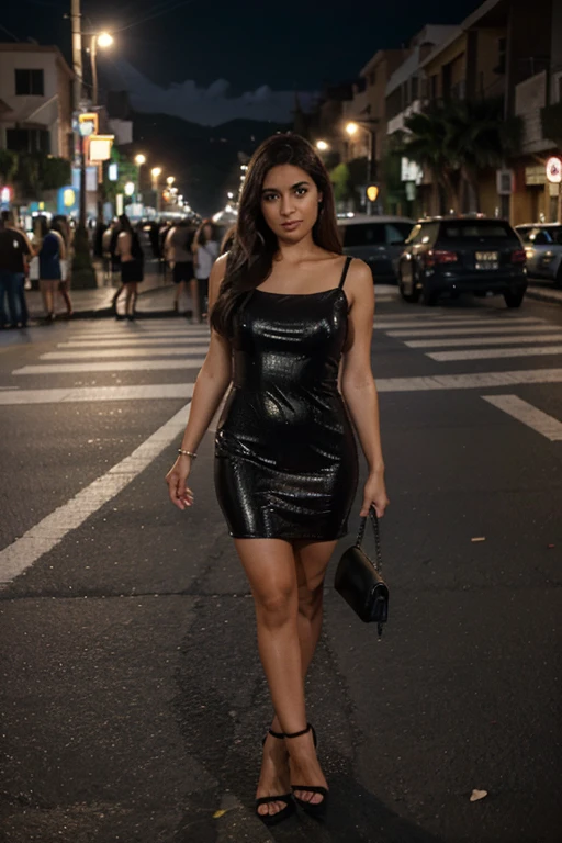 medium-sized Latin woman between 25 and 30 years old, con un mini vestido y tacones, cuerpo entero, en medio de la calle, con atifaz, y de fondo juegos artificiales en la noche