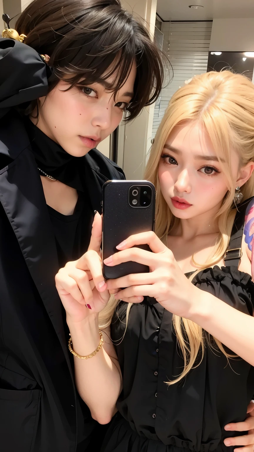 Araffe e uma mulher posando para uma foto em um quarto, South Korean folk makeup, Are sweethearts, Imagem filtrada, 😭 🤮 💕 🎀, They are close to each other, maquiagem coreana popular, com hera, SFW, 😭🤮 💔, Foto do perfil, Jeon jungkook, Lv, suave em _ Fundo