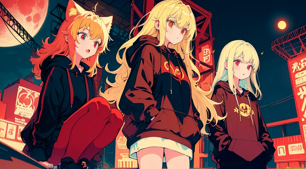 (3 girls, blonde hair, big black hoodie, hands on hoodie, bare legs), (abandoned amusement park, late night, red moon), (low contrast, flat color, limited palette)