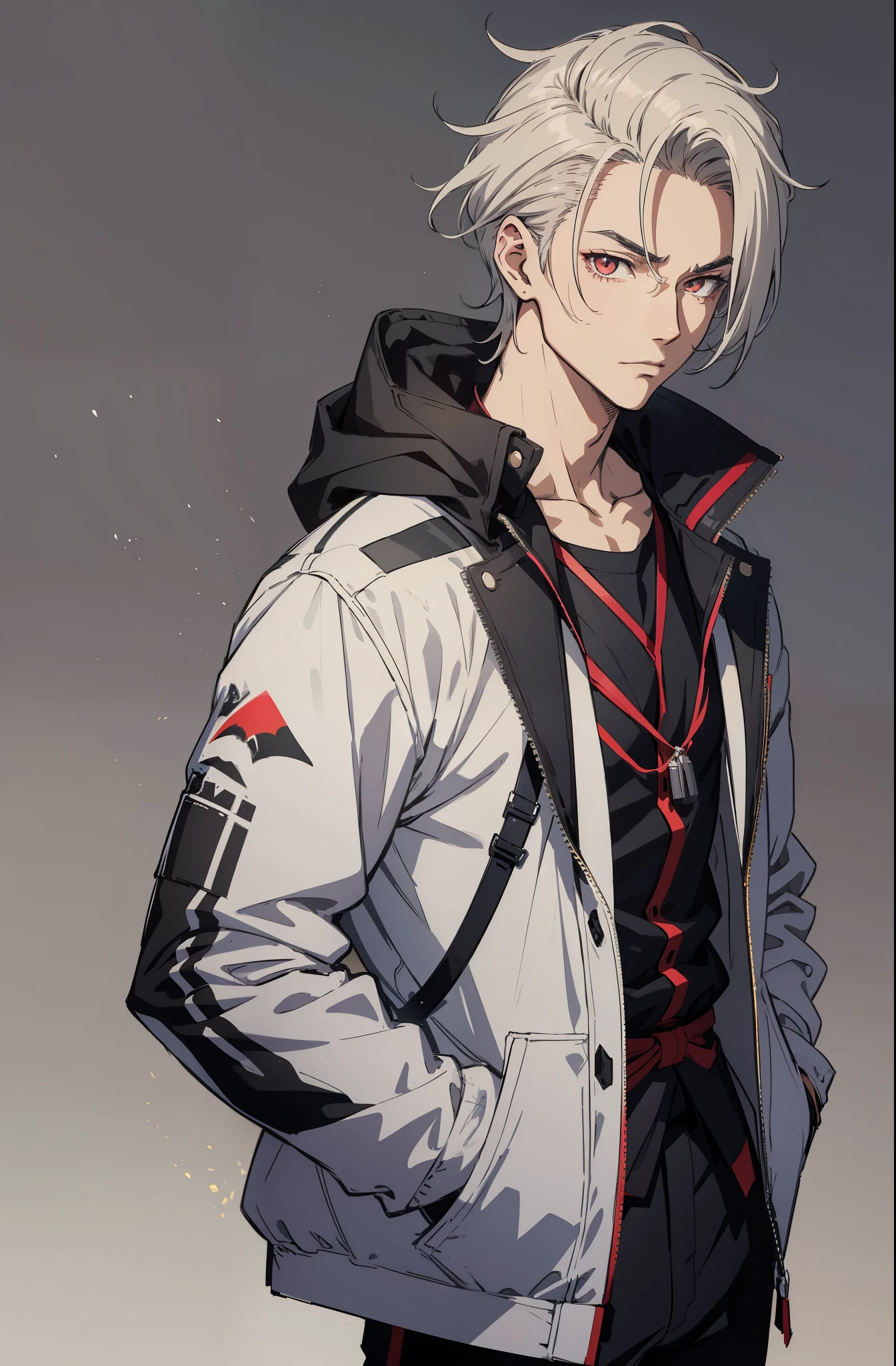 Anime guy in stylish modern clothes. higly detailed, 电影灯光, Contour illumination, High contrast, Dark colors, Bright light source, black hair, hair slicked back