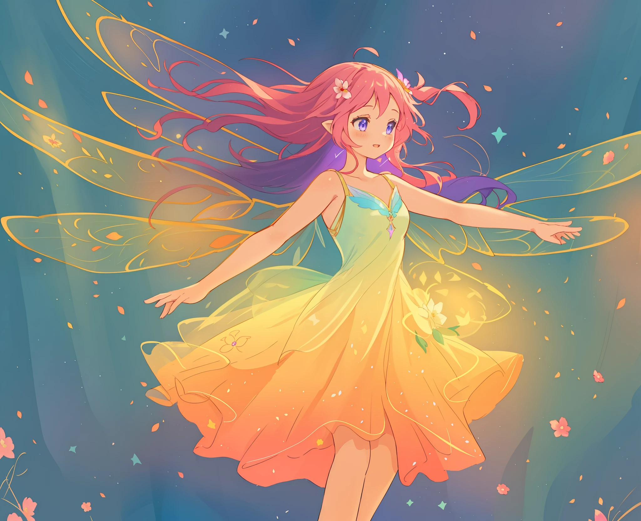 beautiful girl in tiered gradient flower fairy dress, gradient dress, ((dress made from a flower)), flower fairy dress, flower fairy queen, (glowing fairy wings), glowing dress, long purple pink wavy hair, sparkling fairy wings, watercolor illustration, inspired by Glen Keane, inspired by Lois van Baarle, disney art style, by Lois van Baarle, glowing aura around her, by Glen Keane, jen bartel, glowing lights! digital painting, glowing flowing hair, fantasia background, beautiful, masterpiece, best quality, anime disney style