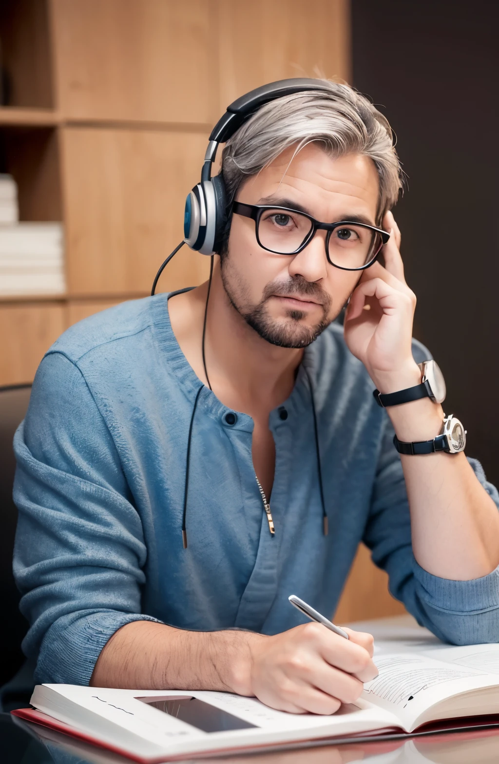 40 year old French man, cabelos castanhos, wearing prescription glasses, professional headphones and microphone sitting front in a Podcast recording studio octane rendering, motor irreal, fotografia, textura de pele realista, fotorrealista, hiper-realismo, altamente detalhado, fotografia de retrato de 85 mm, Award-winning photography with hard rim lighting – beta –ar 9:16 –s 5000 –testp –upbeta –upbeta –upbeta --auto --s2