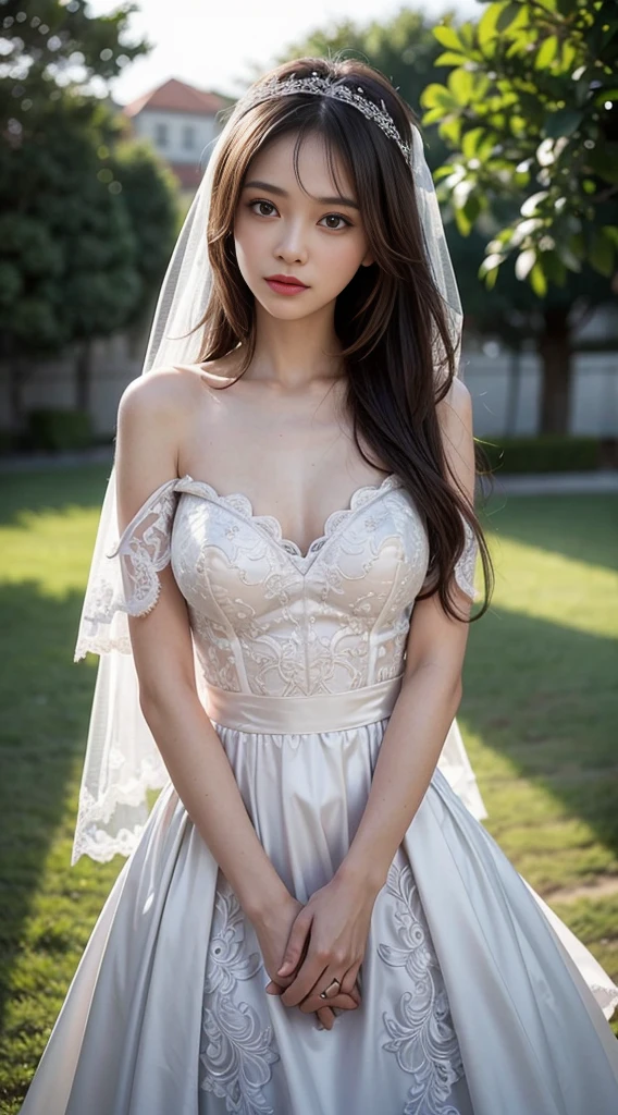 1 girl, Fair-skinned, Suess, Glare from the sun, Wedding Dresses, thin, stencil, Lace pattern, bridal veil, bokeh, deep depth of field, blurred background, light particle, high wind, Head tilt, long-haired, enormous breasts, big name, Open shoulders, Watch it all.., Long slender legs.., small waist