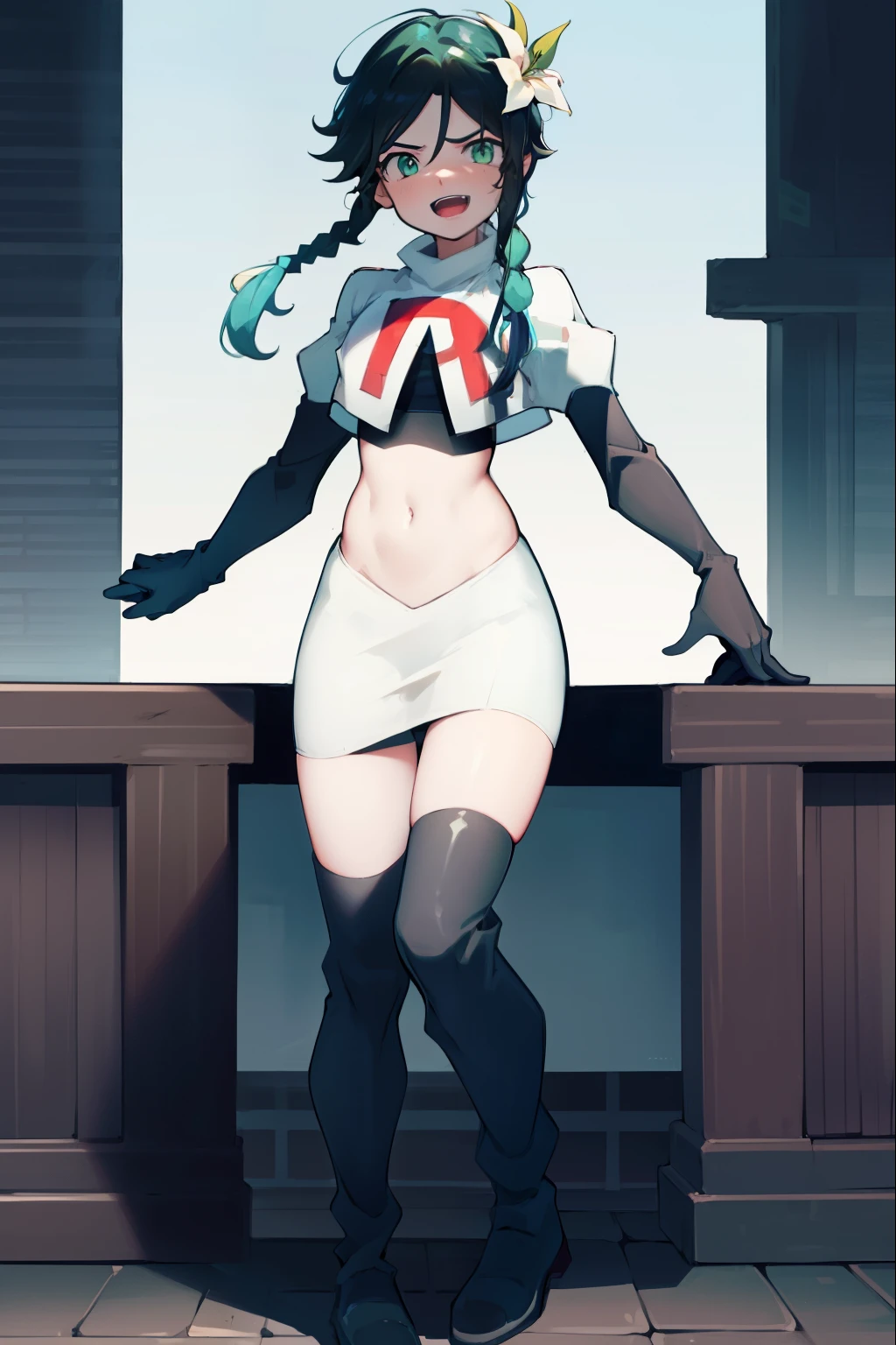 absurdres,venti,1boy, male focus, trap,black hair, green-blue hair, hair braid,hair flower,aqua green eyes,crossdressing,1boy,team rocket,team rocket uniform,white skirt,red letter R,crop top,black thigh-high boots,black elbow gloves, evil laugh