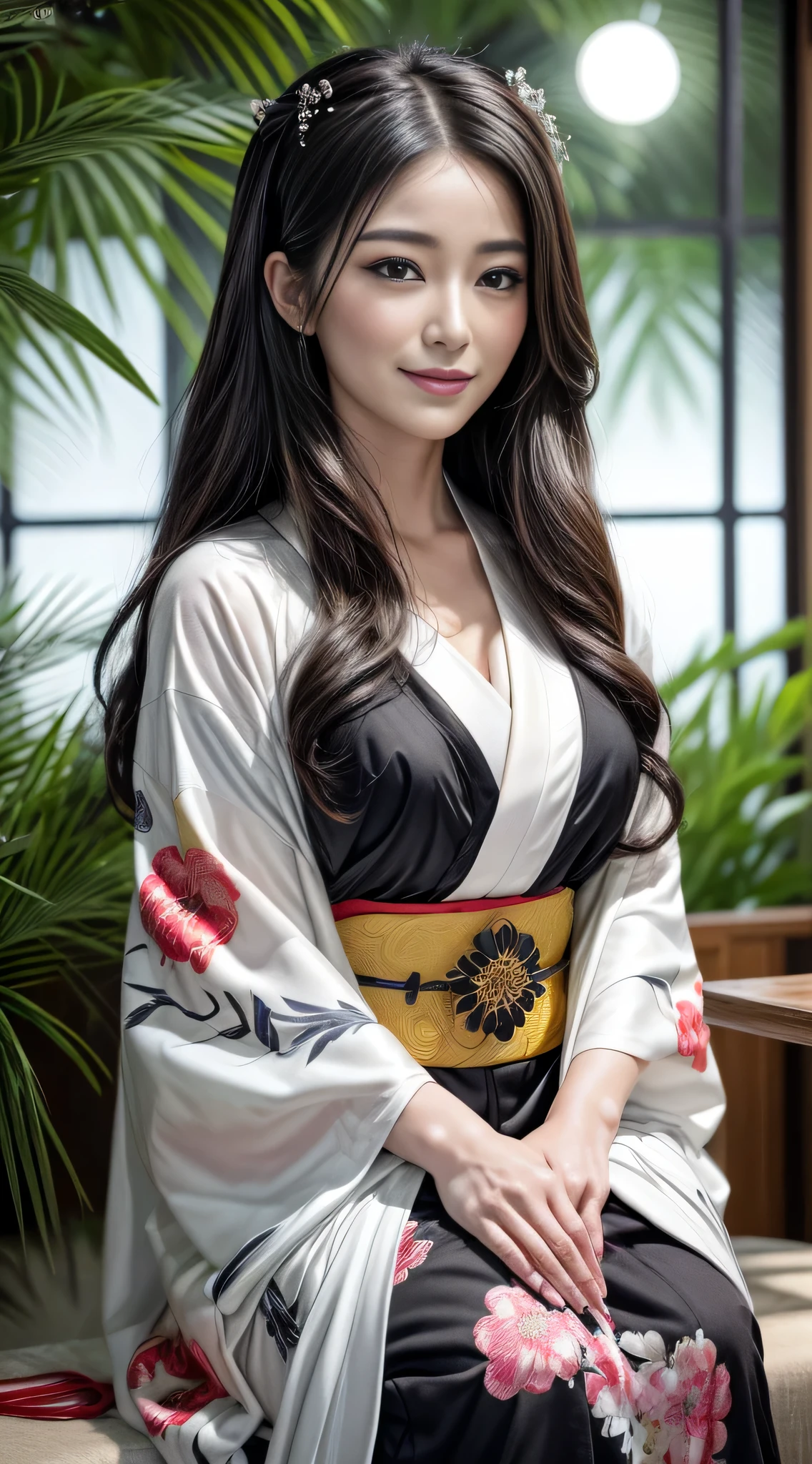 A 23-year-old geisha with ????, flowing hair, (Photorealistic:Photorealistic, 8K Masterpiece), Plain black and white short kimono with bright neon floral details, sitting under a futuristic tree trunk (Science fiction) Against the backdrop of a bright full moon (hyper realisitic:Realistic and intricate details), Smiling: Features, (Texture and detailed atmosphere、Perfect litthing).