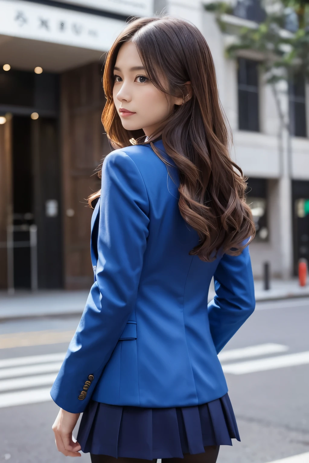 Best Quality、Top image quality、Ultra HD Images、((1人の女性、View photographer))、((Well-formed face、Actress face、Model face))、 Back Pose、 back-view, Waist - Waist up shot、Portrait from below and from behind、(((Blue Suit)))、(((Blue Blazer、Blue jacket)))、(((Blue tight skirt)))、((Black pantyhose))、((Perfect limbs))、Light brown long wavy hair