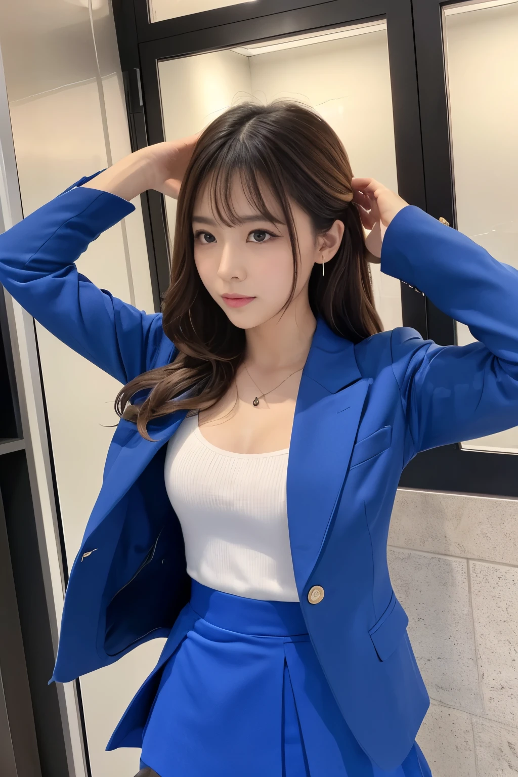 Best Quality、Top image quality、Ultra HD Images、((1人の女性、View photographer))、((Well-formed face、Actress face、Model face))、 Back Pose、 back-view, Waist - Waist up shot、Portrait from below and from behind、(((Blue Suit)))、(((Blue Blazer、Blue jacket)))、(((Blue tight skirt)))、((Black pantyhose))、((Perfect limbs))、Light brown long wavy hair