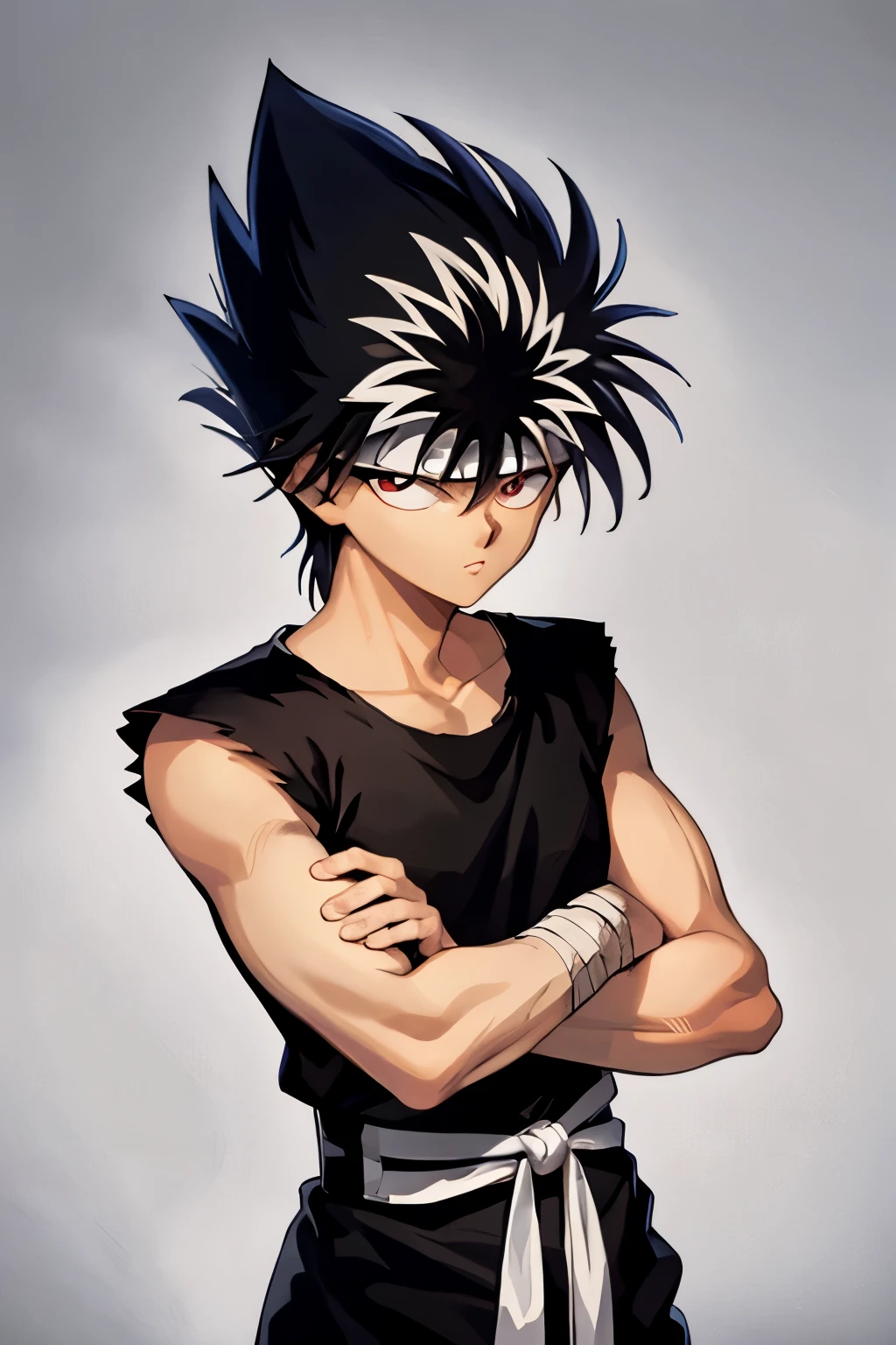 masterpiece, best quality, 1boy, hiei, black hair, white hair, spiked hair, red eyes, headband, bandages, upper body, sleeveless, torn clothes, solo, holding katana sword , ancient temple background,