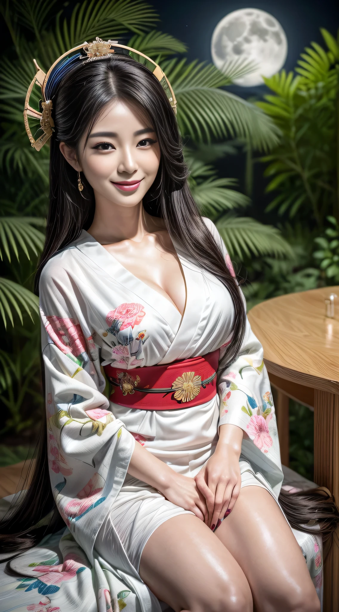 A 23-year-old geisha with sexy, flowing hair, (Photorealistic:Photorealistic, 8K Masterpiece), Plain black and white short kimono with bright neon floral details, sitting under a futuristic tree trunk (Science fiction) Against the backdrop of a bright full moon (hyper realisitic:Realistic and intricate details), Smiling: Features, (Texture and detailed atmosphere、Perfect litthing).