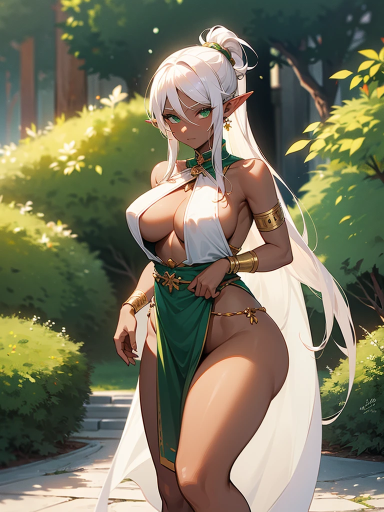 (((I want an elf woman with dark skin, With your white hair tied up, detailed green eyes, majestic body and full breasts, Wearing Greek clothes, with a shy expression)))