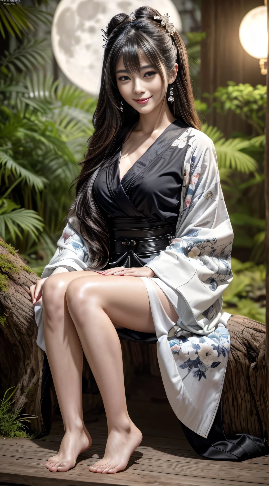 A 23-year-old geisha with sexy, flowing hair, (Photorealistic:Photorealistic, 8K Masterpiece), Plain black and white short kimono with bright neon floral details, sitting under a futuristic tree trunk (Science fiction) Against the backdrop of a bright full moon (hyper realisitic:Realistic and intricate details), Smiling: Features, (Texture and detailed atmosphere、Perfect litthing).