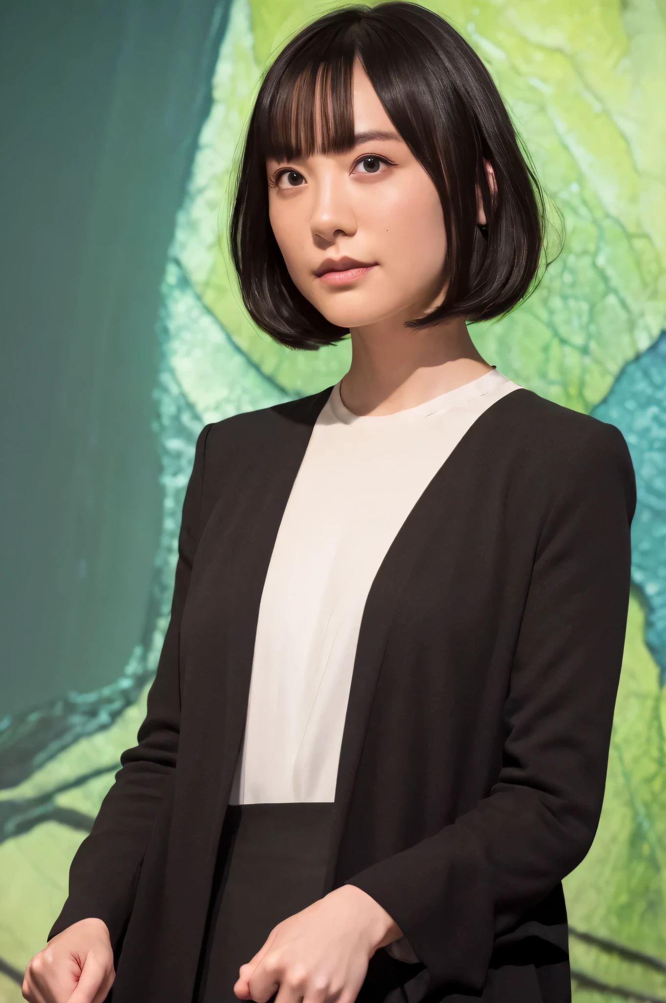 16ｋAn ultra-high picture quality、(Front Focus)、(Dark: 1.6)、Hyperrealist female portrait by David Hockney and Alphonse Mucha、Fantasy Art、photoRealstic、Dynamic lighting、art  stations、poster for、Volume Lighting、extra detailed face、16 K、Award-winning、 、女の子1人、Darkの中で、deep-shadows、lowkey、cowboy  shot、(formal clothes:1.4)、Shortcut Hair
