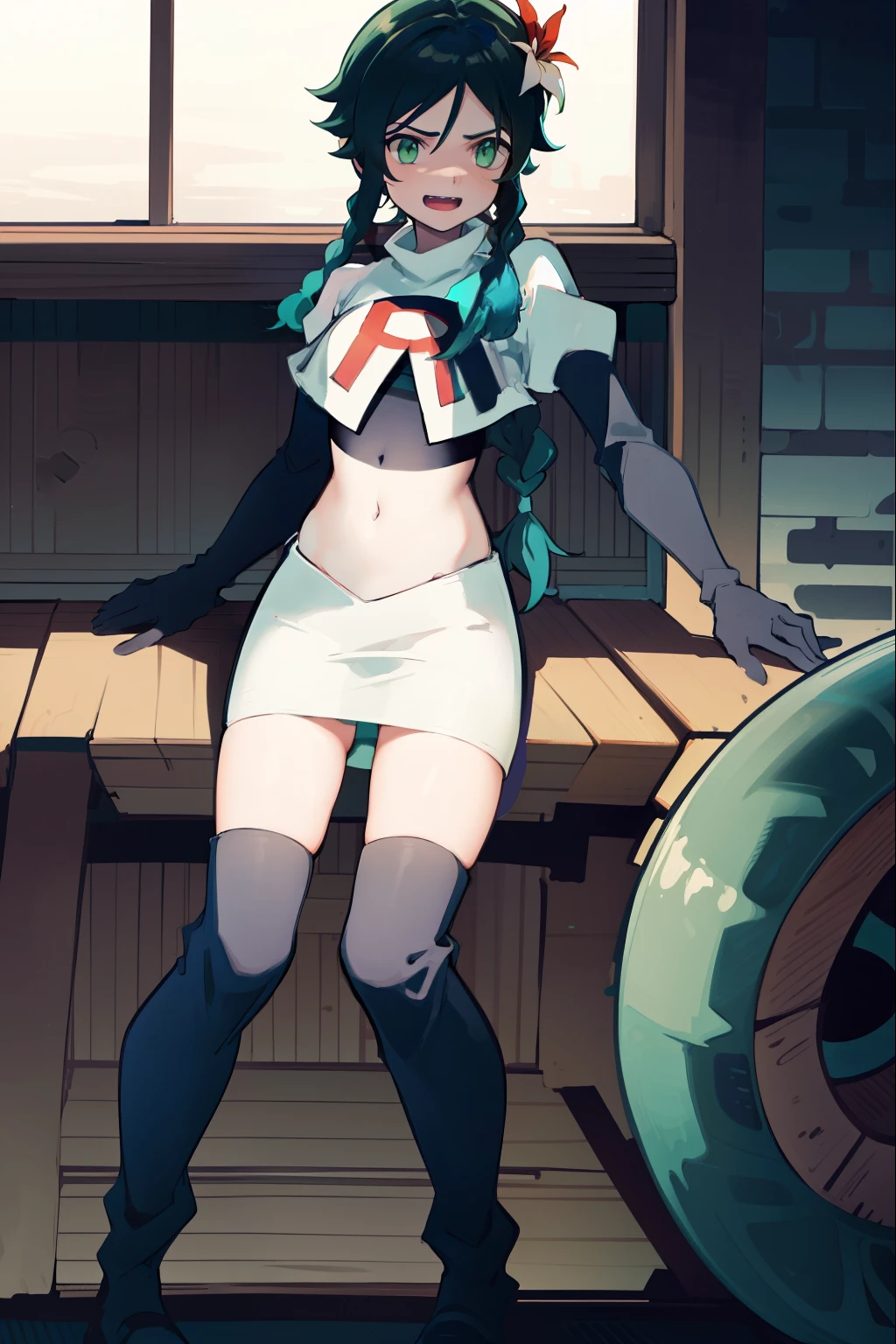 absurdres,venti,1boy, male focus, trap,black hair, green-blue hair, hair braid,hair flower,aqua green eyes,crossdressing,1boy,team rocket,team rocket uniform,white skirt,red letter R,crop top,black thigh-high boots,black elbow gloves, evil laugh