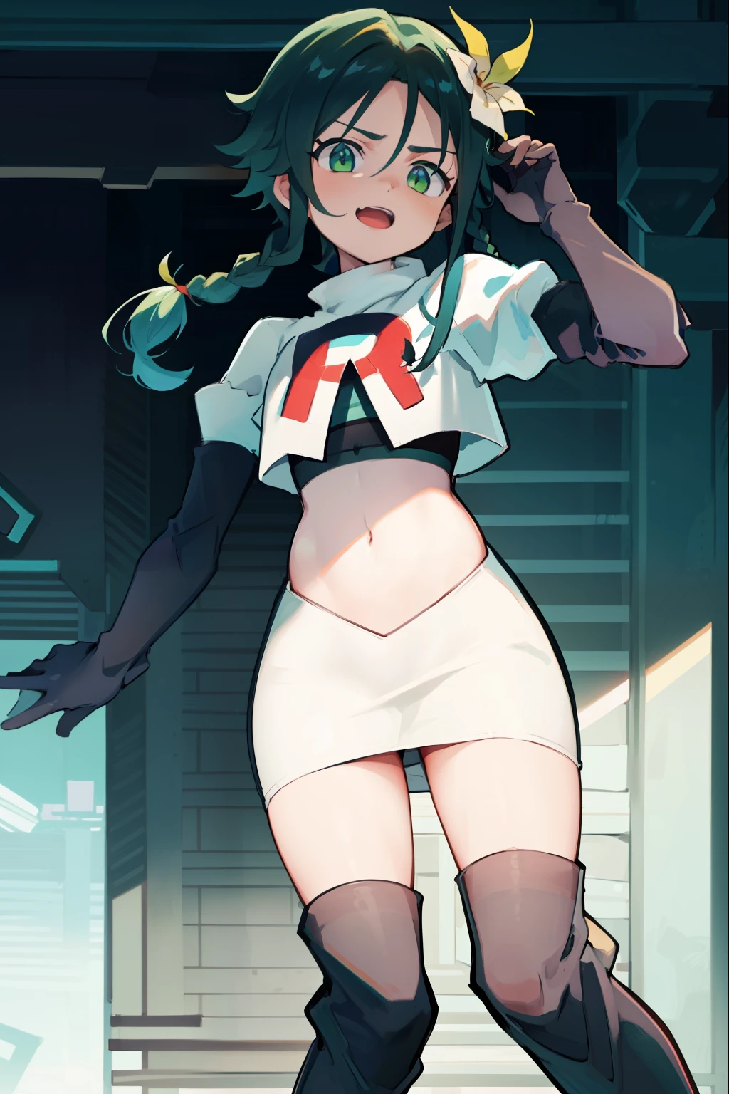 absurdres,venti,1boy, male focus, trap,black hair, green-blue hair, hair braid,hair flower,aqua green eyes,crossdressing,1boy,team rocket,team rocket uniform,white skirt,red letter R,crop top,black thigh-high boots,black elbow gloves, evil laugh