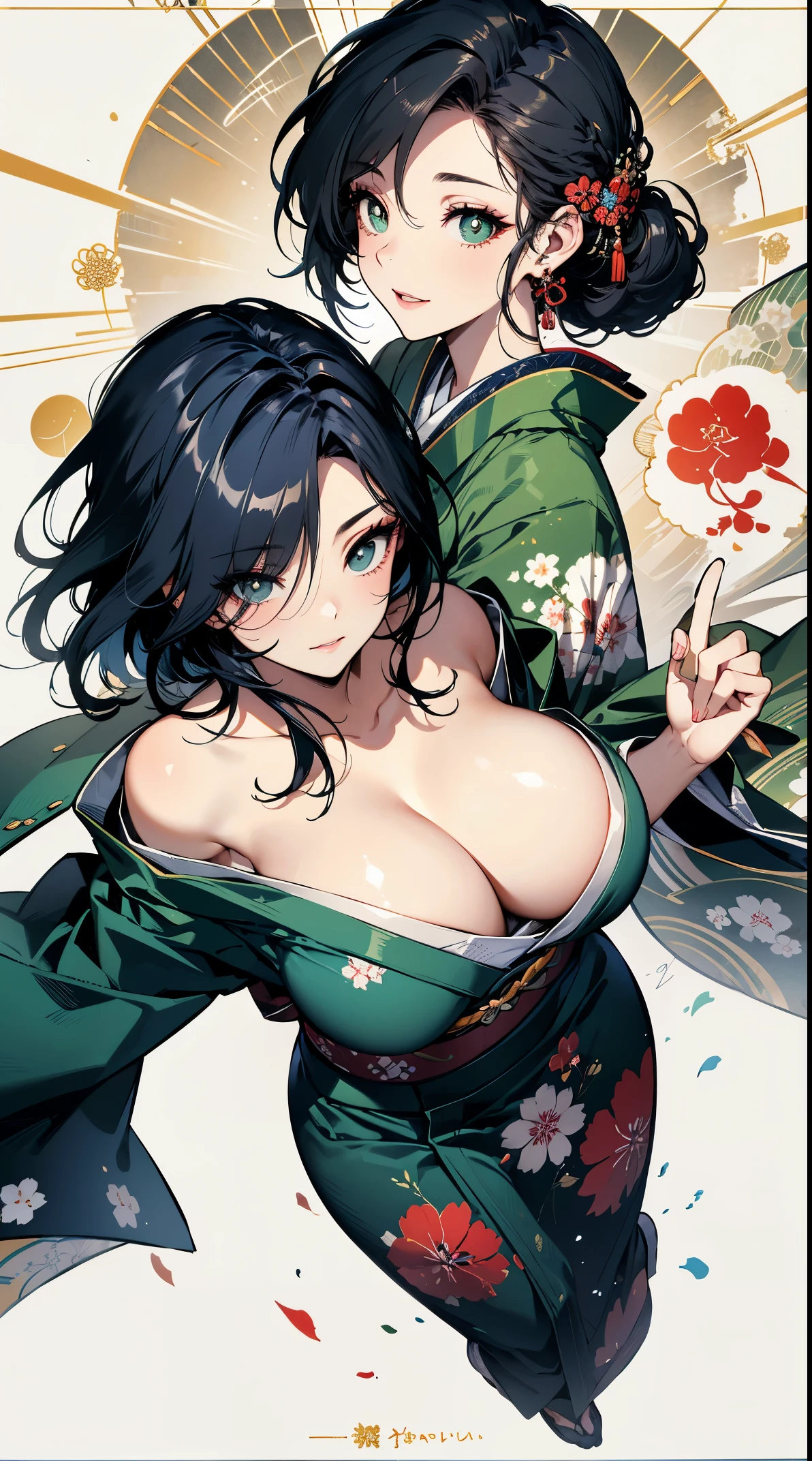 (Masterpiece, best quality), (ultra high resolution, 8K RAW photo, photo realistics, textile shading, thin outline), araffe matured woman in a kimono, sitting on a bed with hugging a teddy bear, (wearing dark green silk robes), dark green hanfu, (wearing japanese kimono:1.2, traditional japanese, japanese clothes), (classy yukata clothing), wearing a haori, (matured woman, milf:1.5, 28 years old, solo), (large breast, sagging breast, big tits, narrow waist, big ass, curvy bodies), (medium hair, hair over one eye, asymmetric hair, low tied braid), (bright pupils, detailed eyes, high detailed face), eye rush, (sad smile), (looking down:1.3), (dynamic angle, from above), (correct anatomy:1.5, correct hands), (ideal ratio of body proportions),