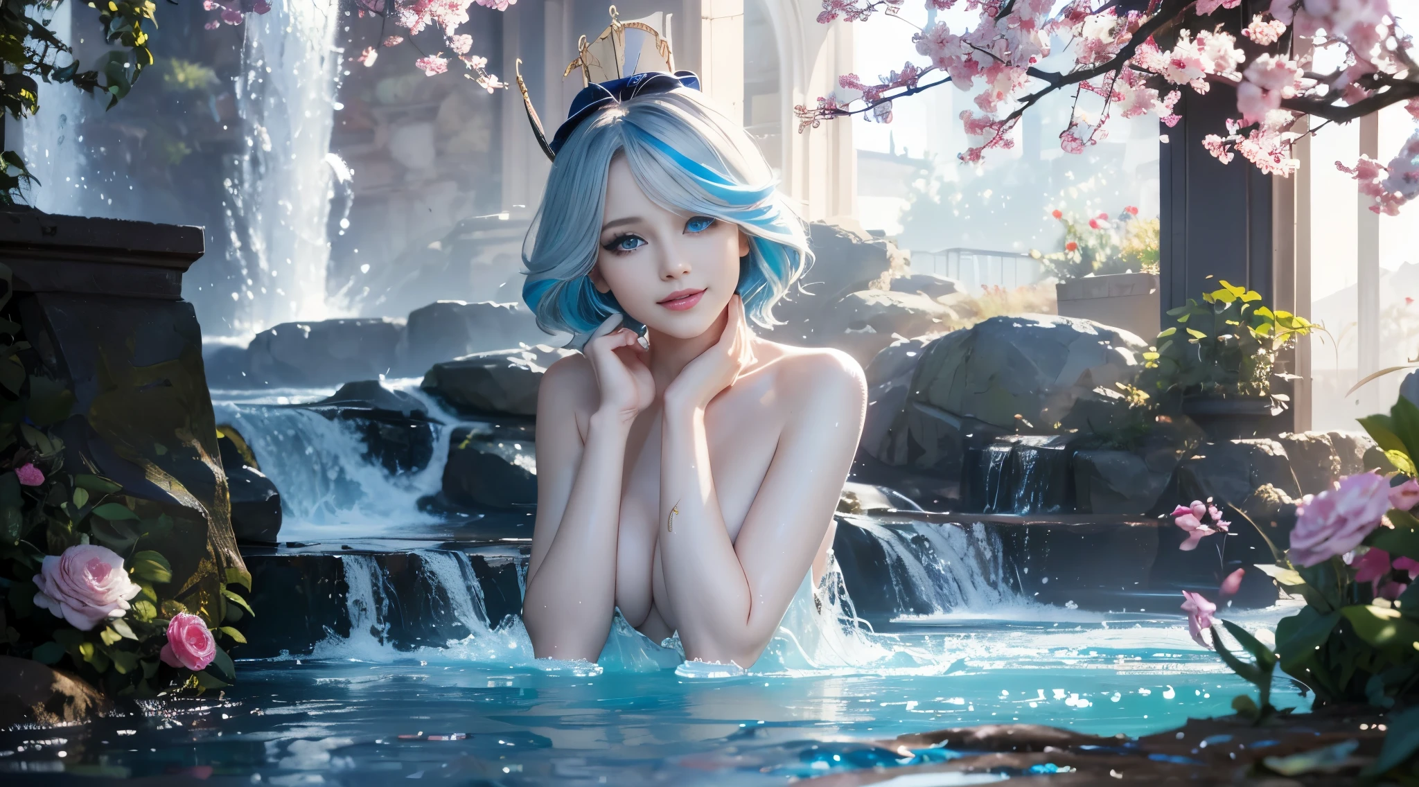 Realistic, full body portrait of a young girl ( Furina ), perfect body, perfect professional pose, 20 years old. Musical blue hair, beautiful realistic light blue eyeeautiful white teeth, happy smile, attractive, make up the world's most beautiful perfect face overall, hand painted meticulously detailed highest image quality 3d 8k, perfect white skin, beautiful look, multicolor liquid acrylic, wet marble body, Michael Garmash, Daniel F Gerhartz, cinematic lighting, waterfall scene, volumetric lighting, clean and smooth art, smooth pulp adventure , ornate patterns, elegant organic frames, surrealism, masterpiece collections, realistic colors, wet gouache. Highest image quality, most detailed 8k. Wearing a big BLue Hat