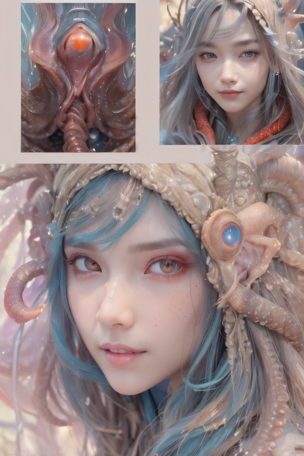 Portrait, (1 beautiful female alien:1.2), (There is a female genital-like organ in the middle of the forehead:1.8), (The most beautiful face in the history of the universe:1.2), (Scarlet eyes that shine mysteriously:1.6), (Translucent skin:1.8), an evil gaze that seduces, (red eyes:1.5), (large mouth:1.1), sharp teeth like a shark, Full body like, (bio luminescent:1.2), (Smile wickedly:1.3), (sexypose:1.5), alien, No humans, cells are fused, (Lots of translucent tentacles:1.1) (Translucent skin:1.3), extraterrestrial, cell, bio image, Best Quality, 8K,4K_quality, High Definition, Dramatic Lighting, masutepiece:1.5,cinematic quality, detail up, (Intricate details:1.2), High resolution, High Definition, drawing faithfully, (Thick eyebrows:1.2), Beautiful eyes with fine symmetry, (Ultra detailed eyes:1.2),(Highly detailed face and eyes:1.2), (High-resolution red-eye:1.4), Intimate face, (Super detailed skin quality feeling:1.4), Perfect Anatomy, (Beautiful toned body:1.5), (Moist skin:1.2), No makeup, (dark circles:1.1), long canines, cinematic drawing of characters, ultra high quality model, cinematic quality, detail up, (Intricate details:1.2), High resolution, High Definition, drawing faithfully, Official art, Unity 8K wall , 8K Portrait, Best Quality, Very High resolution, ultra detailed artistic photography, midnight aura, unreal enginee 5, Ultra Sharp Focus, art by alberto seveso, ArtGerm, Roisch, intricate artwork, best quality, masutepiece, ultra High resolution, (photos realistic:1.4), Ultra-realistic realism, dream-like, nautilus, Creation of fantasy, Snail, Dream Snail, (biopunk nautilus:1.3), Thrilling color schemes, Ultra-realistic realism, seductively smiling, Blue tentacles