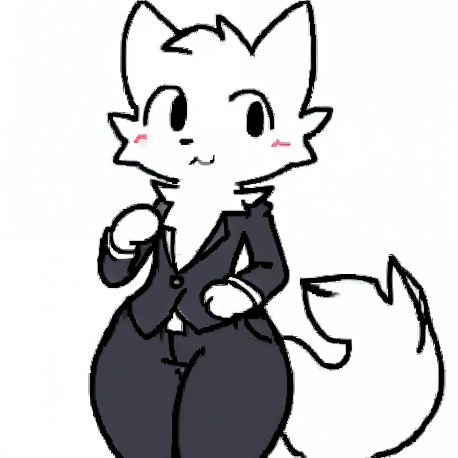 White fur, cat, anthro, furry, solo, simple art ,male chest,thin, hands behind on chest, black pants, black suit, office suit, cute,( wide hips:1.2) , full body,(fat ass:1.1)