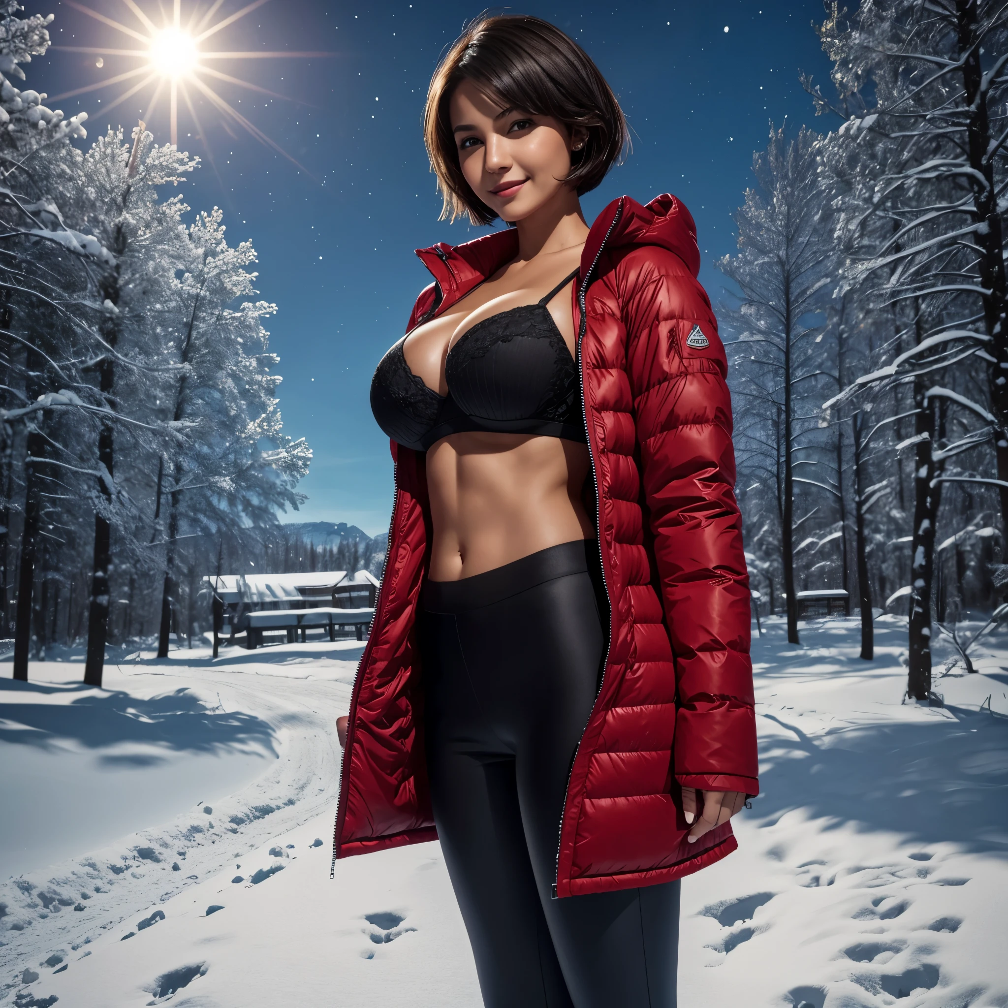 Isabela Merced, smiling, (big breasts), bob_cut hair, cleavage, red jacket, black skipants, norway by night, snow (skin texture:1.1), (high detail face:1.1), high detail body, high detail clothes), (realistic), ultra high definition, 4k, ultra high resolution