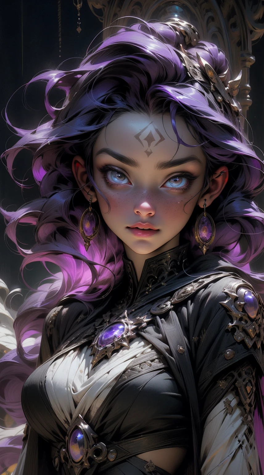 {-erro_de_anatomia:1.0}(Masterpiece - Ultra-Detailed, High Resolution) a woman, beautiful dark sorceress, with a moon marked on her forehead, (moon marked on her forehead) medium hair, purple hair, cordial dress, no nudity, large breasts, beautiful body, beautiful face, merciless, close up face, portrait, looking ahead