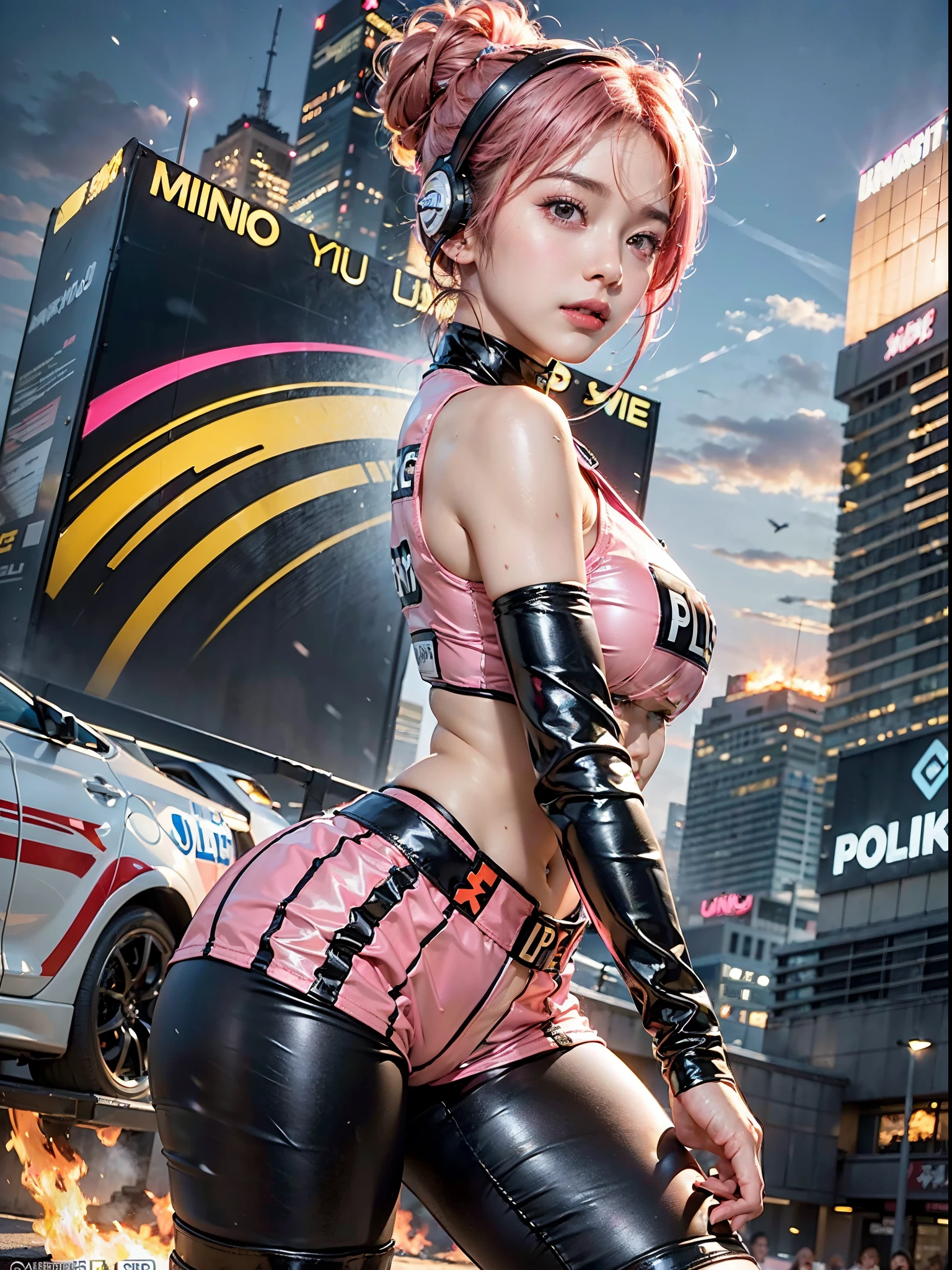 Top Quality, Ultra High Definition, (backlight), (Photorealistic: 1.4), (Pink updo Hair: 1.3), 1 Girl, (Kpop Idol), (Audience Coming close), Detailed Face, Contrapposto, , Perfect Anatomy, Cityscape, Professional Lighting, Futuristic Racing Suits, Police costume like Streetwear, Headset, High-tech Fabric, High-tech sling army belt, Racing Suit, elbow and knee pads, racing gloves, crashed cars and fire background, (Explosion),hot pants, short miniskirts, "POLICE", pink hair,