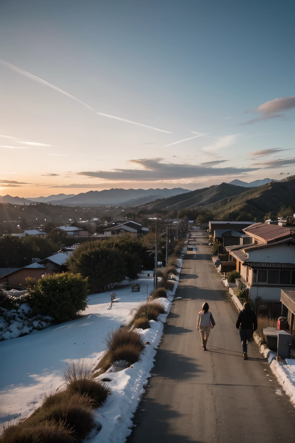 A malay man and woman walking , backdrop sunset mountain, cars, winter, photo from arial view drone