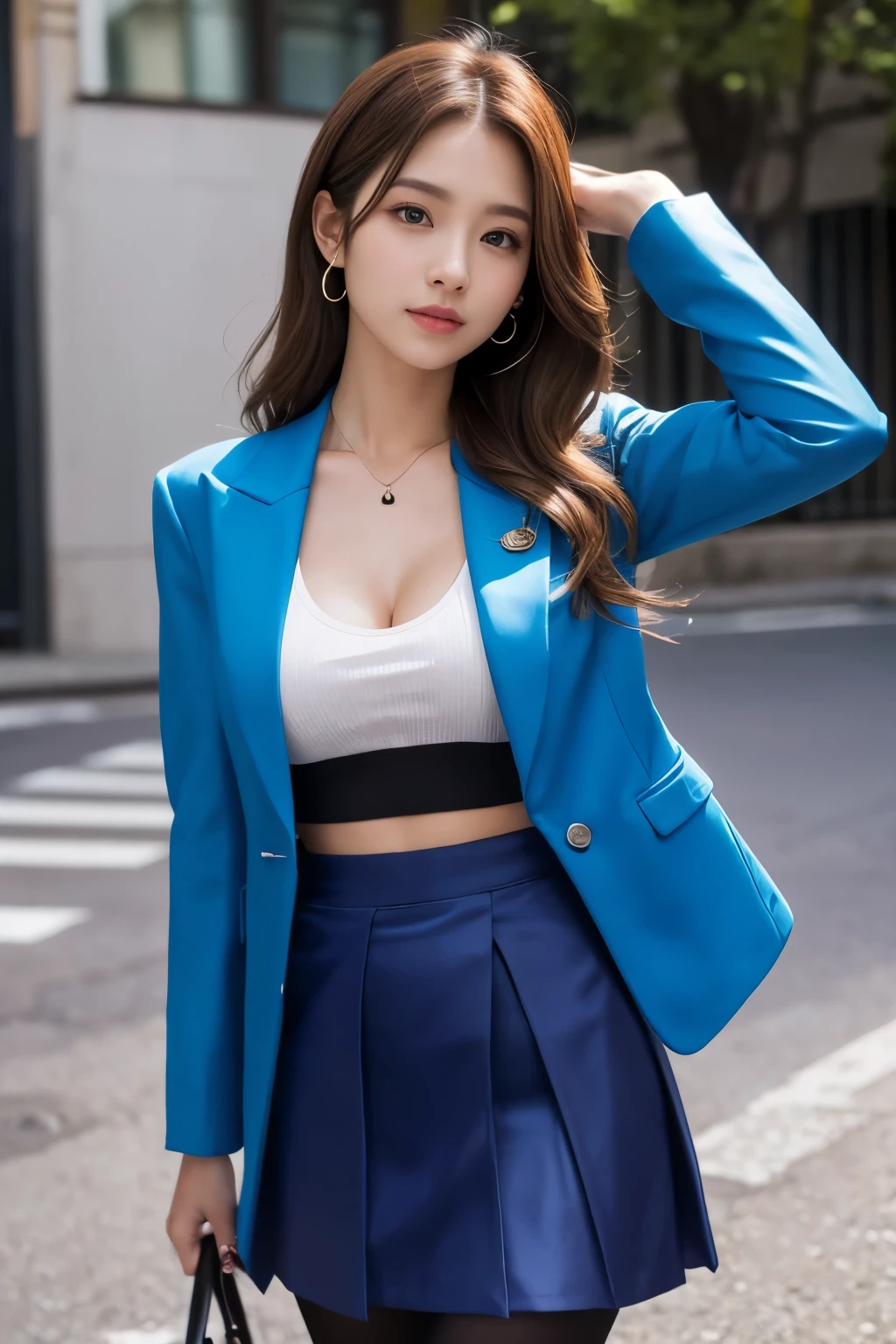 (((32K,very high res, high detailing, highly accurate,Masterpiece Girl 1))),Raw photo & realistic atmosphere,beautiful dark blue eyes,Detailed mouth,Glossy lips,Detailed eyebrows,Soft white skin that shines with every detail,,Eyes drawn in detail、Very beautiful eyes with azure eyes,Detailed lips、Very beautiful face,Very well-formed face、Lifelike face,shiny beautiful lips,Beautiful eyebrows,Infinite reality,Best design,（Insanely cute sober Japan 17-year-old girl,Toned body,thighs thighs thighs thighs,Slender legs,Beautifully shaped breasts,Very cute beautiful girl,：1.5）,Best Natural Makeup,Japanese ido,Korean Idols,Young sensual idol,Moist eyes,Dark beautiful eyes,Beautiful butt,beauty legs,,camel's foot,：1.3),超A high resolution、,Natural and realistic face,Back lighting,Pure eyes are too cute,(((photorealisim,Photograph the whole body))),,Reality Live Action,（Earrings that look fashionable,,a necklace,A bracelet,gyuru,Glossy nail art,Clothes like a girl,,Girlish clothes,,Dress up elegantly and cutely,Tailored jacket,Routh Ruffled Beauty Draped Skirt,Beautiful fashionable fashion with little exposure,Light brown perm medium hair,solo, Kool,,Smile faintly,full body Esbian：1.7）,Night in Shinjuku（Turned：1.5）