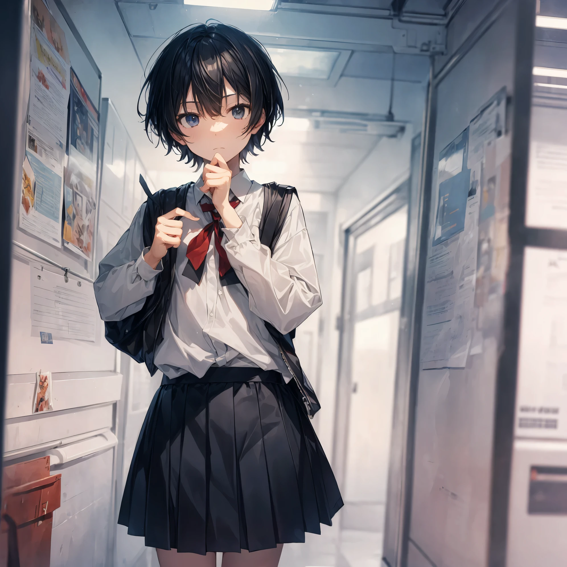 Super high quality by the art god, Ultra-detailed, High resolution, Shinkai Makoto style, anime moe art style, best anime 8K konachan wallpaper, Pixiv Contest Winner, Perfect Anatomy, BREAK,(Please draw a sleepy girl going to school alone.. ),BREAK, a hyperrealistic schoolgirl, (Solo,Lori,child,13years:1.3),Full limbs, complete fingers,a junior high school student, Androgynous attraction, (extra very short hair), hair messy, flat and soft chest, Small butt, groin, Small eyes,Beautiful detailed black eyes, Well-proportioned iris and pupils, disgusted eye, High resolution detailed hair, School uniform, Skirt,  On the way to school. BREAK,Ultra-detailed細なスキン, Best lighting by famous artists, 8K, Illustration,