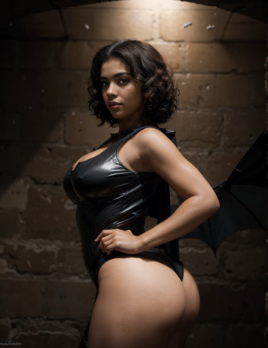 Super cute beautiful gorgeous sexy latino Cuban mixed model tall short curly hair masterpiece best quality realistic HD Definition ultra detailed ultra face ultra eyes lips wide hips thick perfect body perfect shape wearing a Batman costume in a batcave background bats flying in the air heavy perfect shadow perfect view shiny booty big booty