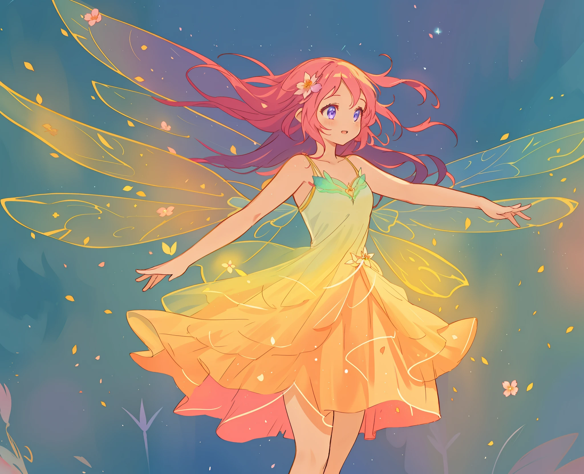 beautiful girl in tiered gradient flower fairy dress, gradient dress, ((dress made from a flower)), flower fairy dress, flower fairy queen, (glowing fairy wings), glowing dress, long purple pink wavy hair, sparkling fairy wings, watercolor illustration, inspired by Glen Keane, inspired by Lois van Baarle, disney art style, by Lois van Baarle, glowing aura around her, by Glen Keane, jen bartel, glowing lights! digital painting, glowing flowing hair, fantasia background, beautiful, masterpiece, best quality, anime disney style
