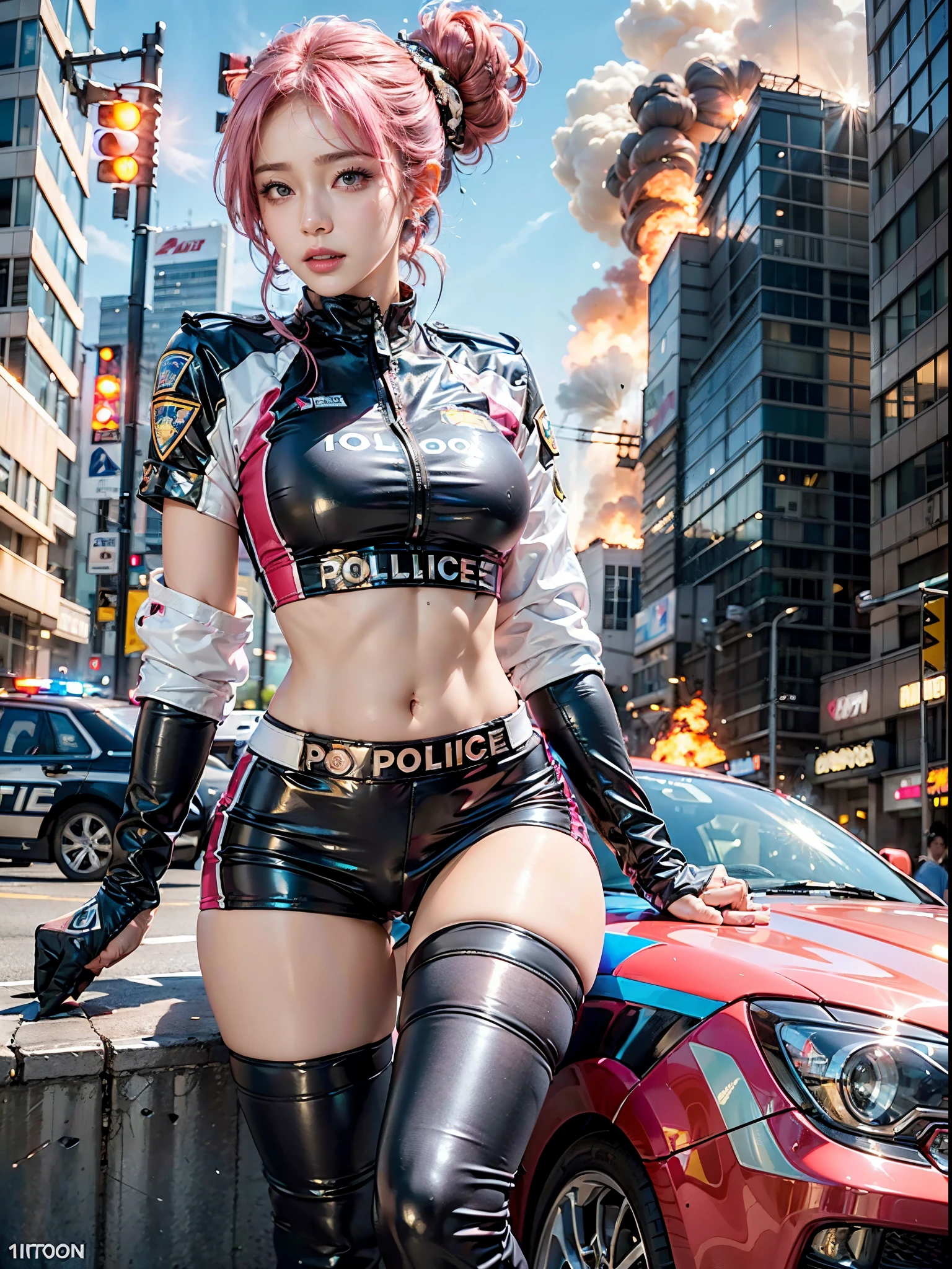 Top Quality, Ultra High Definition, (backlight), ((NOT POV)), (Photorealistic: 1.4), (Pink updo Hair: 1.3), 1 Girl, (Kpop Idol), (Audience Coming close), Detailed Face, Contrapposto, Smooth Skin, Perfect Anatomy, Cityscape, Professional Lighting, Futuristic Racing Suits, Police costume like Streetwear, Headset, High-tech Fabric, High-tech wearable equipments, Racing Suit, elbow and knee pads, racing gloves, crashed cars and fire background, (Explosion),hot pants, short miniskirts, "POLICE", pink hair,troubled face