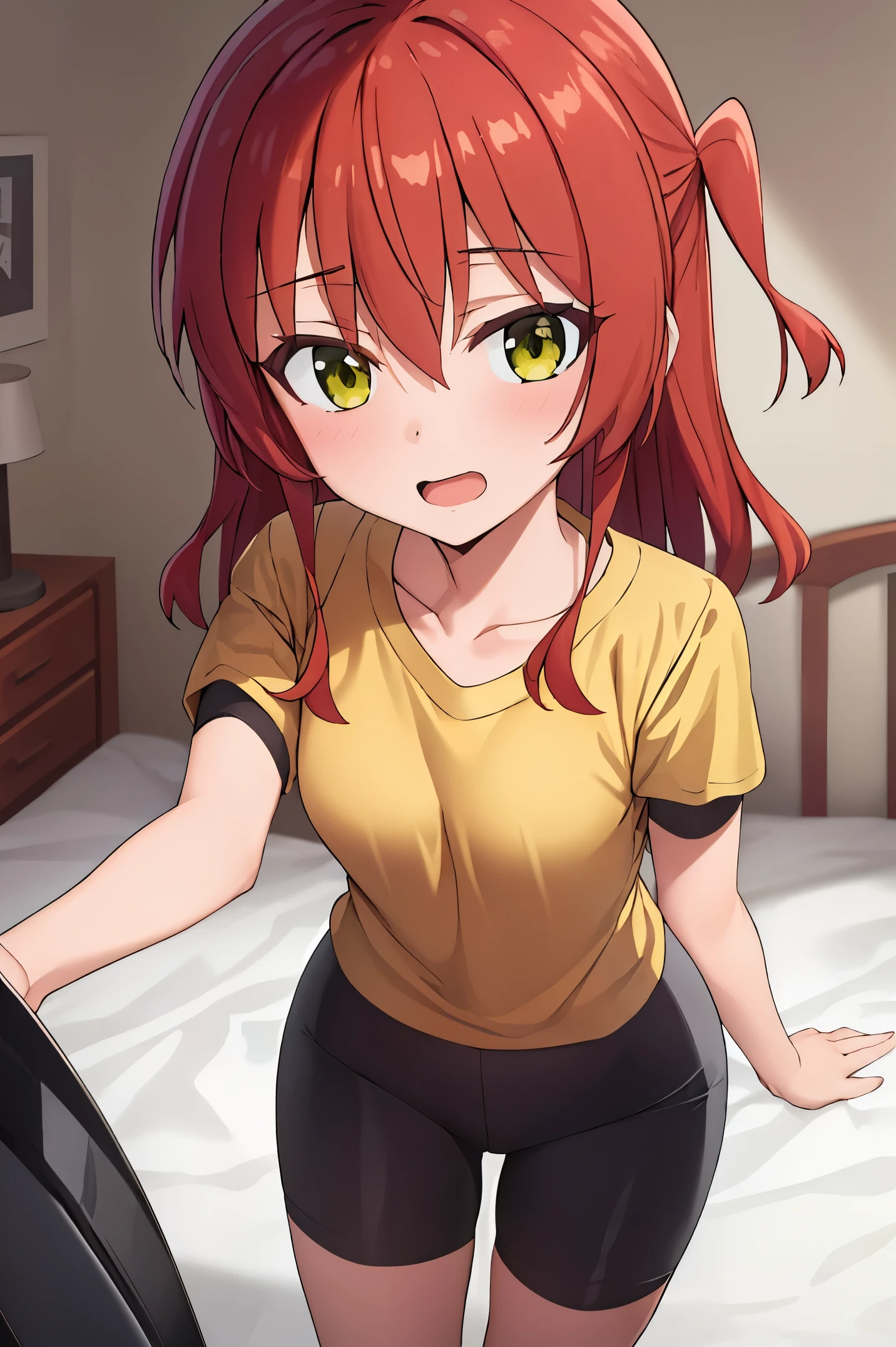 1 girl, best quality, ultra high res, long hair, red hair, green eyes, looking at viewers, small breast, standing, pov, slim body, loli body, small body, smile, open mouth, yellow shirt, short sleeves, bike shorts, bedroom, white bed sheets,