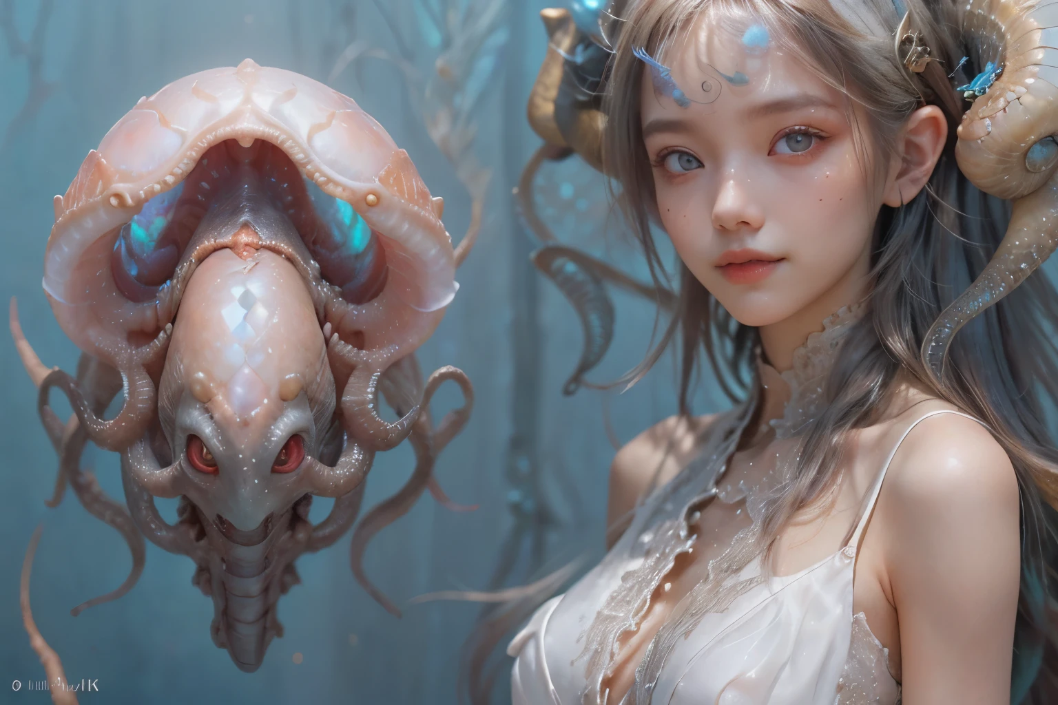 Portrait, (1 beautiful female alien:1.2), (There is a female genital-like organ in the middle of the forehead:1.8), (The most beautiful face in the history of the universe:1.2), (Scarlet eyes that shine mysteriously:1.6), (Translucent skin:1.8), an evil gaze that seduces, (red eyes:1.5), (large mouth:1.1), sharp teeth like a shark, Full body like, (bio luminescent:1.2), (Smile wickedly:1.3), (sexypose:1.5), alien, No humans, cells are fused, (Lots of translucent tentacles:1.1) (Translucent skin:1.3), extraterrestrial, cell, bio image, Best Quality, 8K,4K_quality, High Definition, Dramatic Lighting, masutepiece:1.5,cinematic quality, detail up, (Intricate details:1.2), High resolution, High Definition, drawing faithfully, (Thick eyebrows:1.2), Beautiful eyes with fine symmetry, (Ultra detailed eyes:1.2),(Highly detailed face and eyes:1.2), (High-resolution red-eye:1.4), Intimate face, (Super detailed skin quality feeling:1.4), Perfect Anatomy, (Beautiful toned body:1.5), (Moist skin:1.2), No makeup, (dark circles:1.1), long canines, cinematic drawing of characters, ultra high quality model, cinematic quality, detail up, (Intricate details:1.2), High resolution, High Definition, drawing faithfully, Official art, Unity 8K wall , 8K Portrait, Best Quality, Very High resolution, ultra detailed artistic photography, midnight aura, unreal enginee 5, Ultra Sharp Focus, art by alberto seveso, ArtGerm, Roisch, intricate artwork, best quality, masutepiece, ultra High resolution, (photos realistic:1.4), Ultra-realistic realism, dream-like, nautilus, Creation of fantasy, Snail, Dream Snail, (biopunk nautilus:1.3), Thrilling color schemes, Ultra-realistic realism, seductively smiling, Blue tentacles