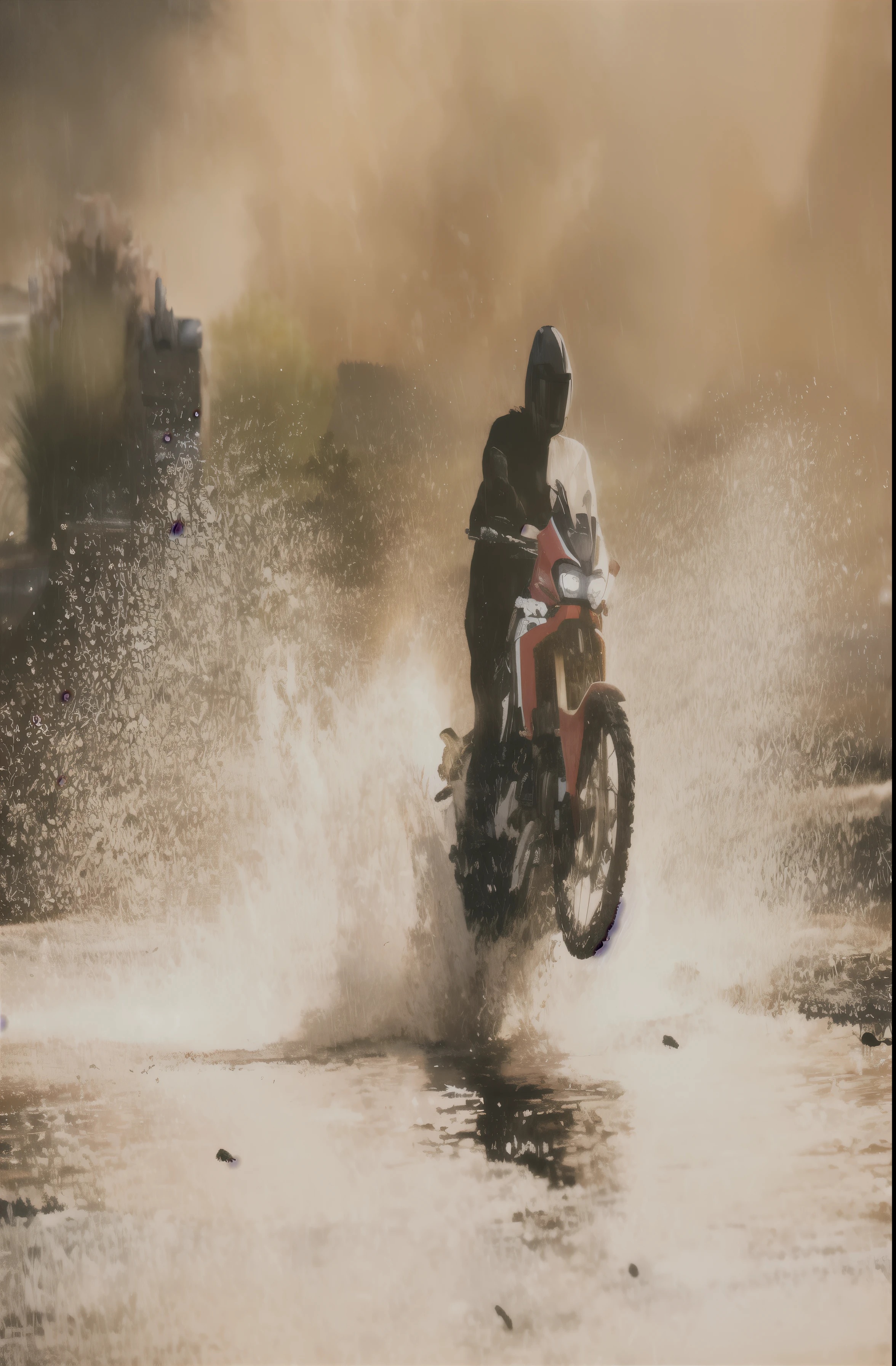 araffe riding a motorcycle through a river of water, dakar motorbike, off - road, profile shot, dynamic action shot, dramatic action shot, action shot, riding, subtle detailing, rain and mud, riding a motorcycle, intense battle, morning golden hour, kicking up dirt, panning shot, hard morning light, photo mid shot, incredible quality