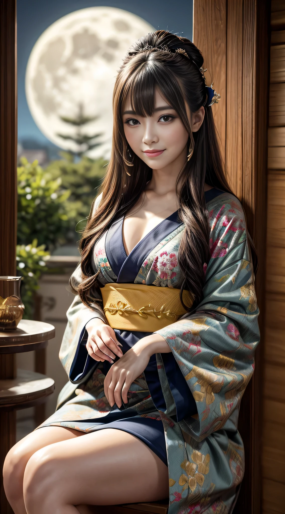 A woman in a kimono sitting on a window sill - SeaArt AI