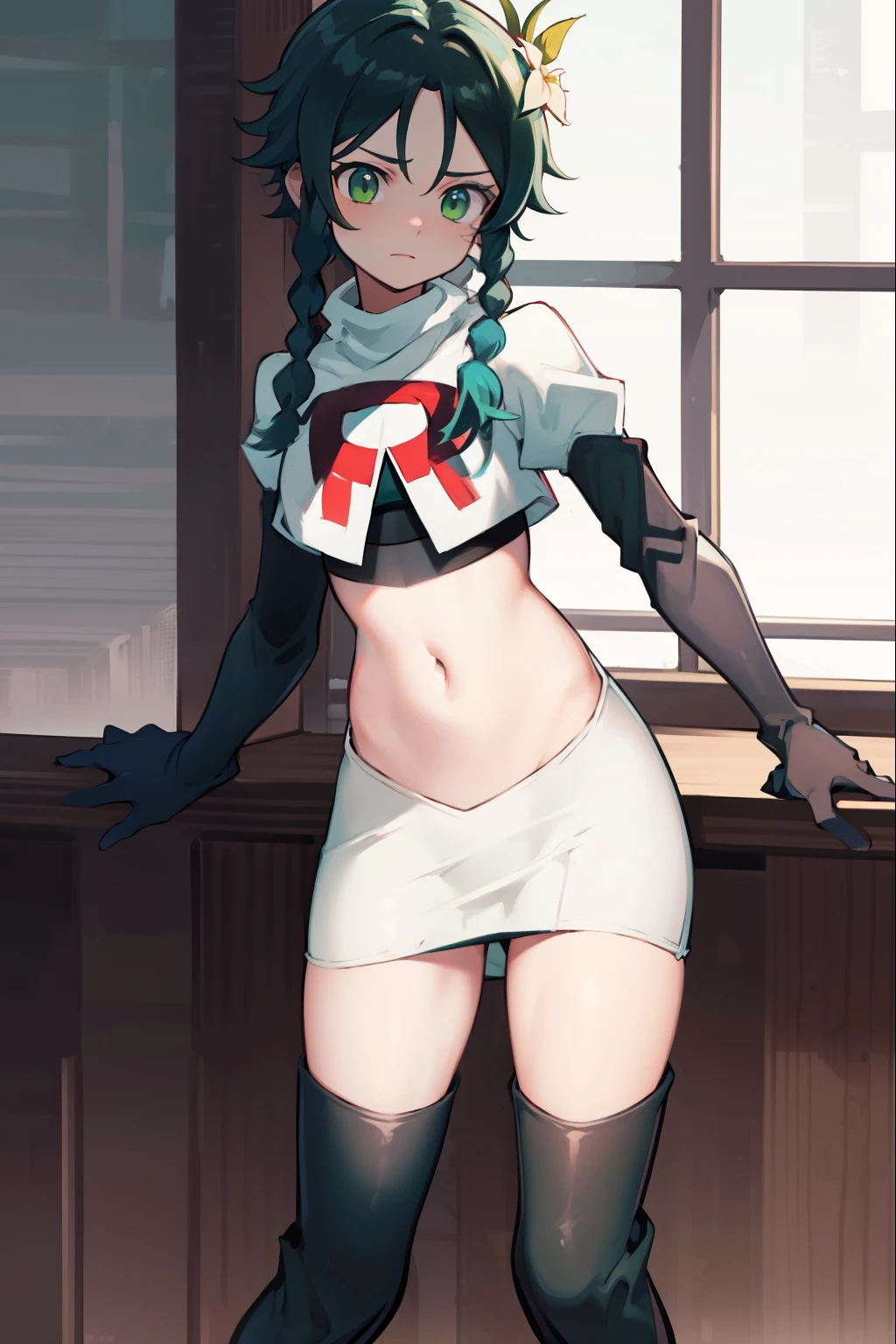 absurdres,venti,1boy, male focus, trap,black hair, green-blue hair, hair braid,hair flower,aqua green eyes,crossdressing,1boy,team rocket,team rocket uniform,white skirt,red letter R,crop top,black thigh-high boots,black elbow gloves, shy