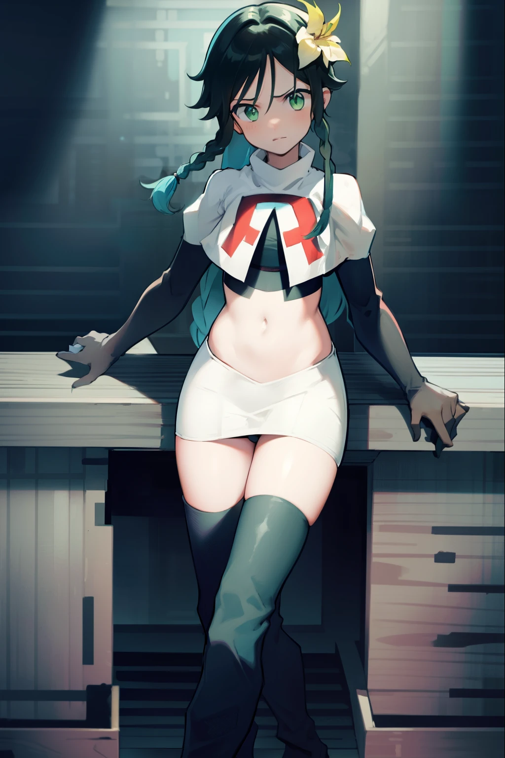 absurdres,venti,1boy, male focus, trap,black hair, green-blue hair, hair braid,hair flower,aqua green eyes,crossdressing,1boy,team rocket,team rocket uniform,white skirt,red letter R,crop top,black thigh-high boots,black elbow gloves, shy