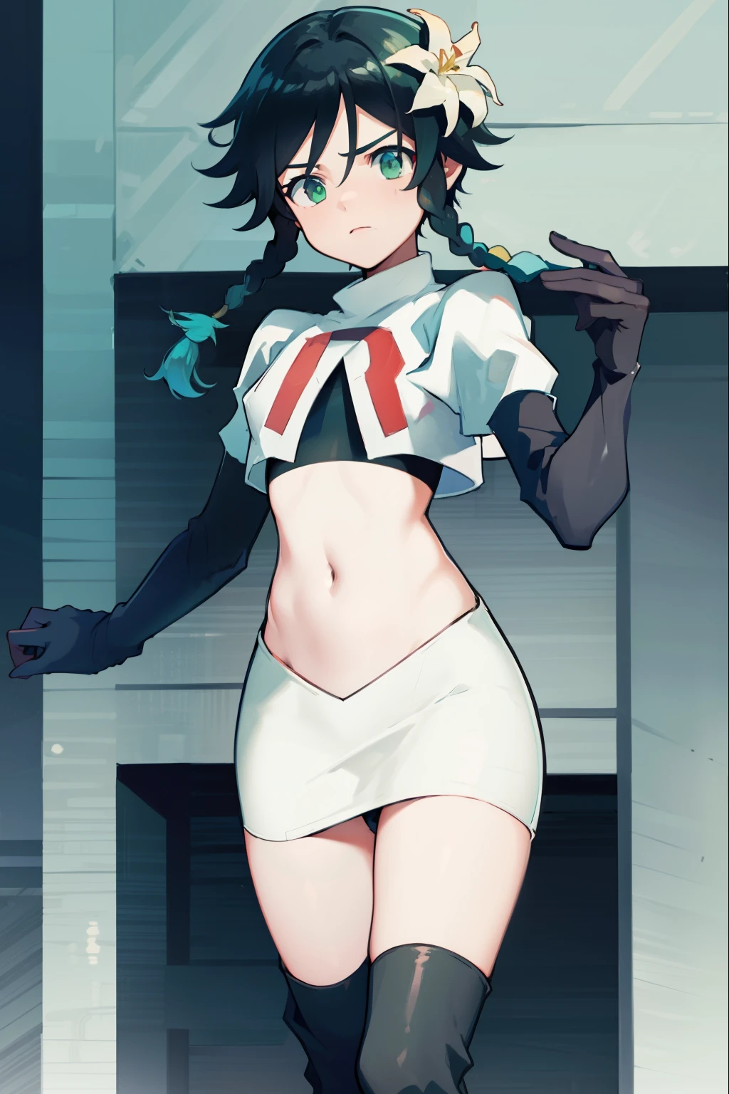 absurdres,venti,1boy, male focus, trap,black hair, green-blue hair, hair braid,hair flower,aqua green eyes,crossdressing,1boy,team rocket,team rocket uniform,white skirt,red letter R,crop top,black thigh-high boots,black elbow gloves, shy