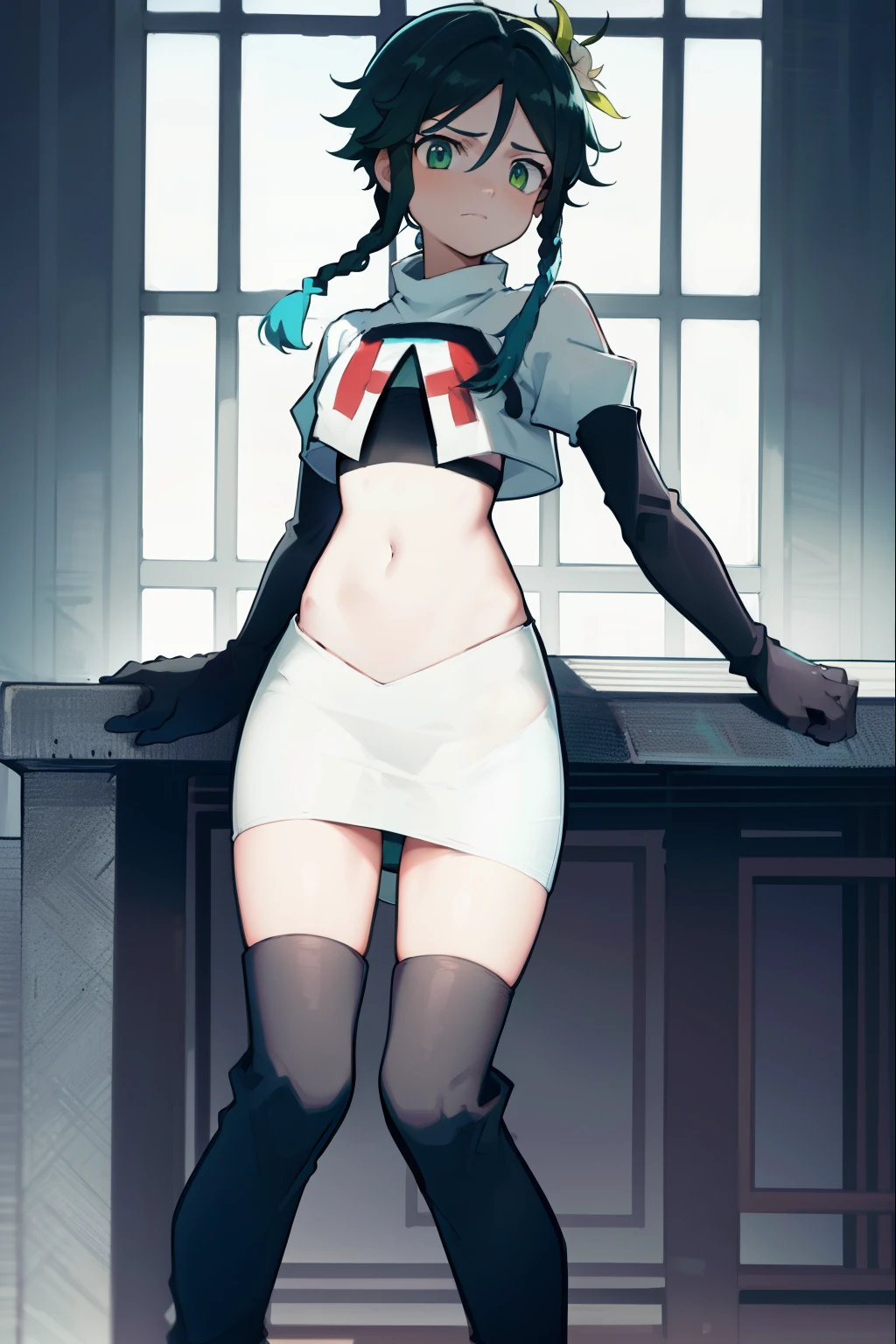 absurdres,venti,1boy, male focus, trap,black hair, green-blue hair, hair braid,hair flower,aqua green eyes,crossdressing,1boy,team rocket,team rocket uniform,white skirt,red letter R,crop top,black thigh-high boots,black elbow gloves, shy