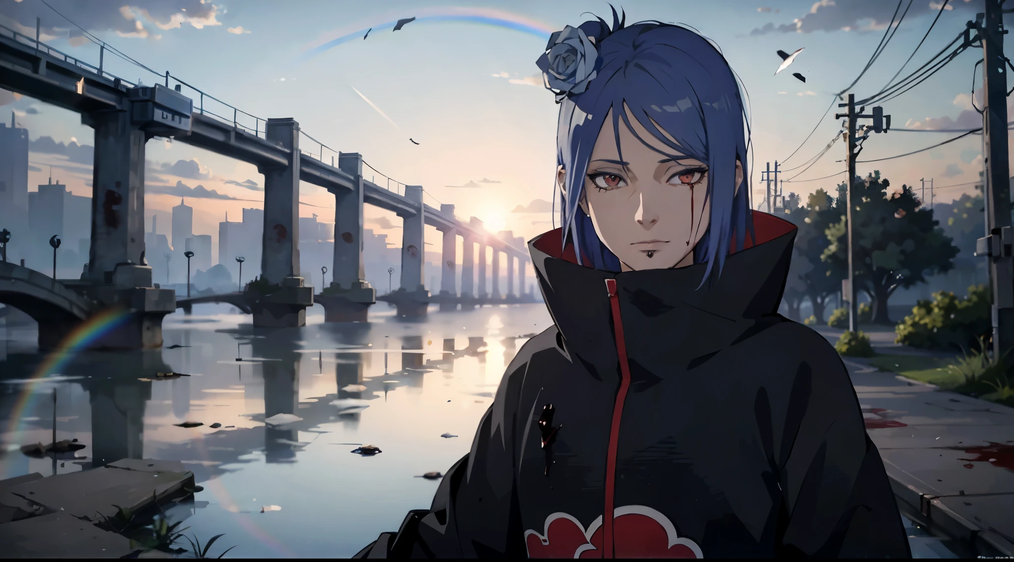 absurdreest quality), (masterpiece),(ultra-detailed:1.2),(photorealistic:1.1),(highres),
1girl,(injury:1.1),(blood:1.1),
konan \(naruto\), (akatsuki outfit:1.1), labret piercing, (:1.2),
ripples,swirling ,rainbow,